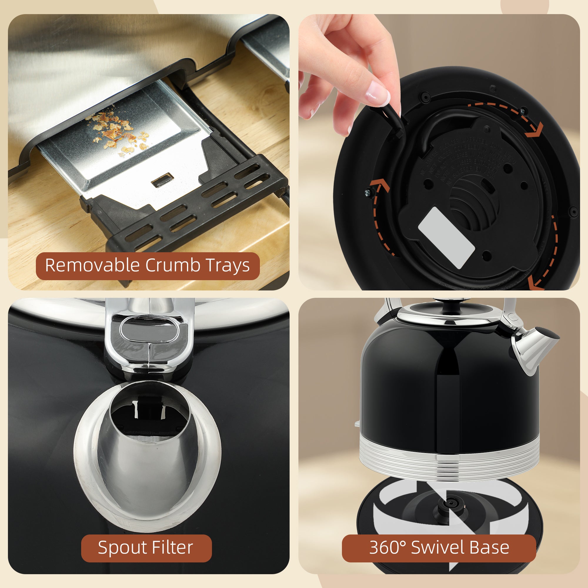 Polished Metal Kettle and Toaster Set - Black