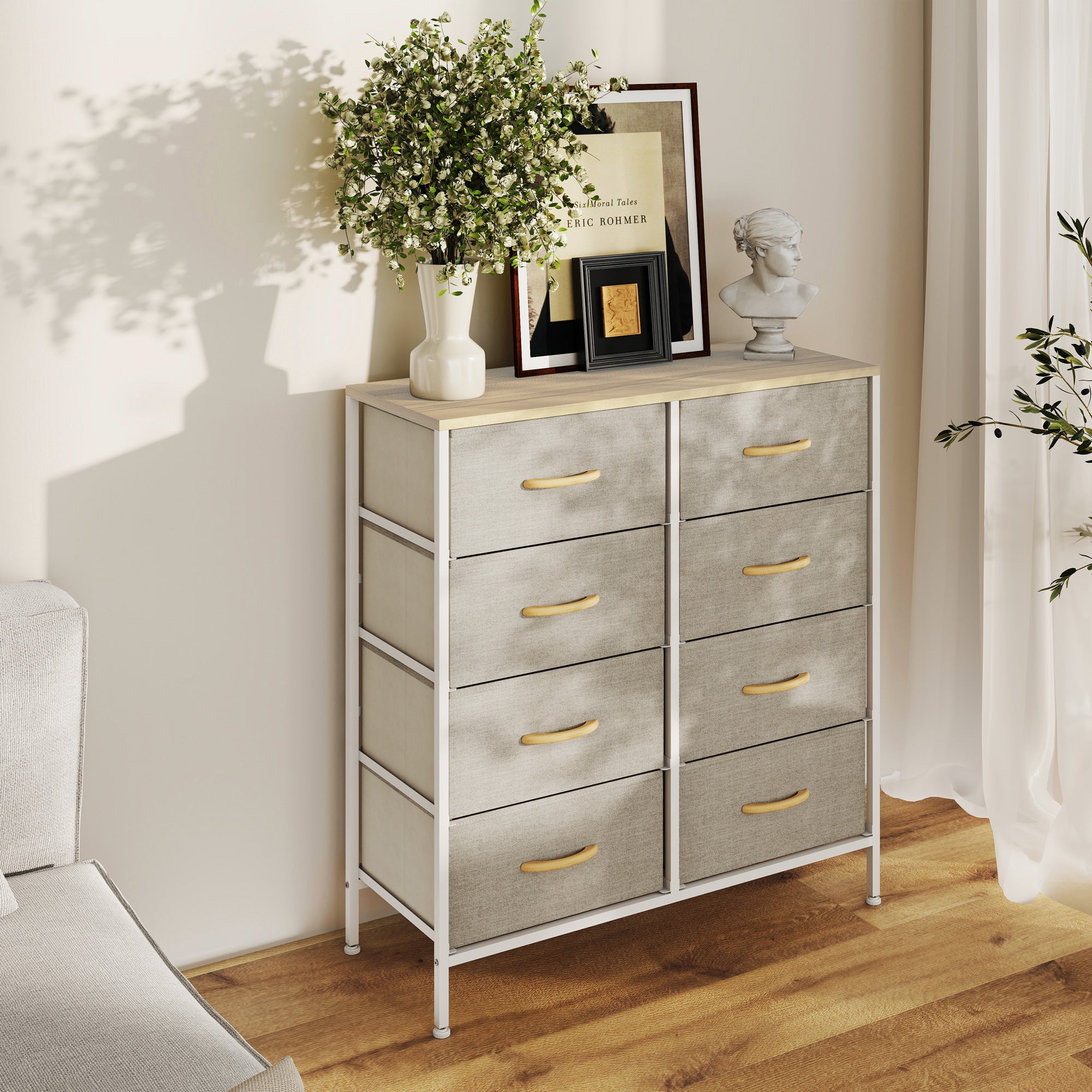 Fabric Chest of Drawers, Industrial Bedroom Dresser with 8 Fabric Drawers, Steel Frame and Wooden Top for Nursery, Living Room, Hallway, Maple Wood-effect