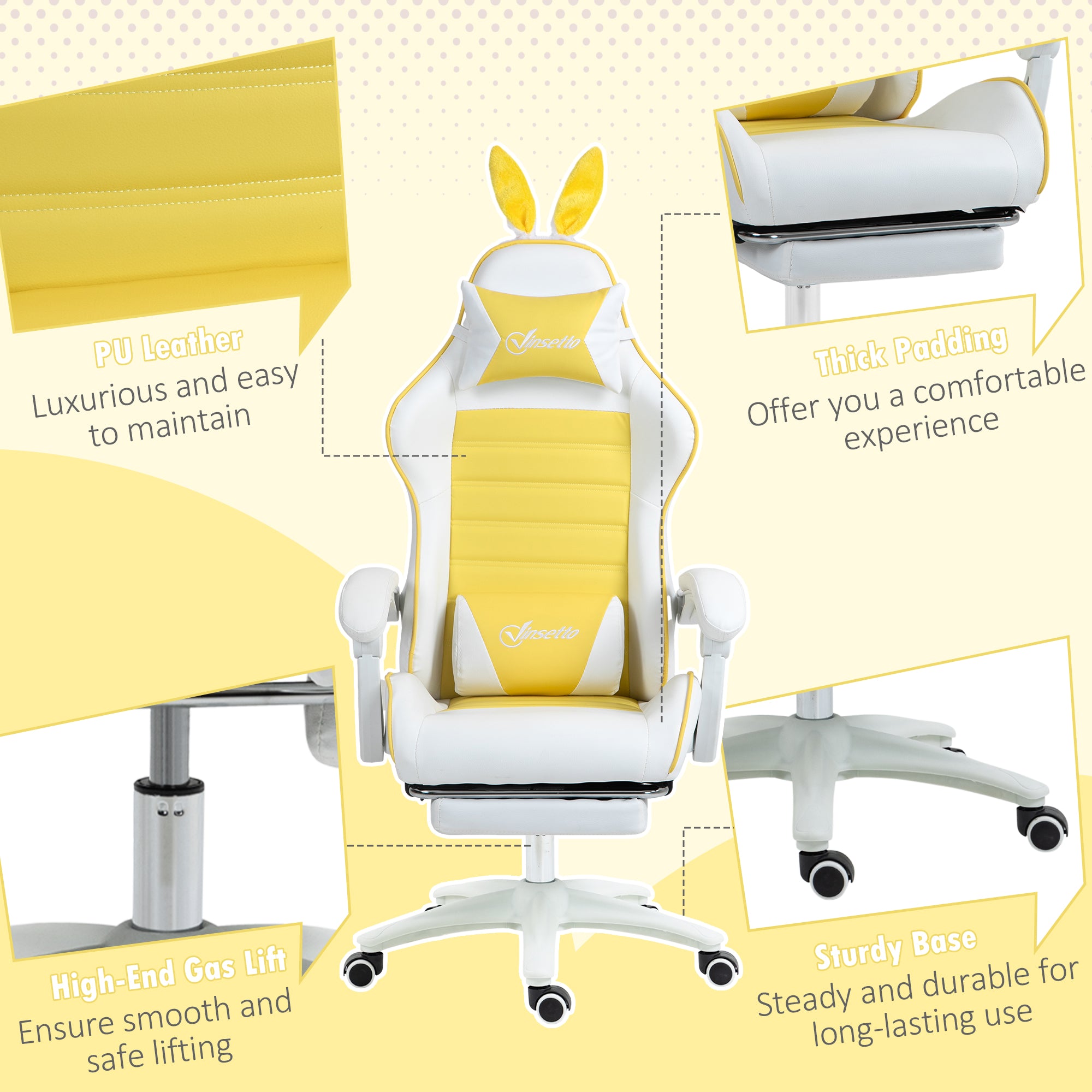 Racing Gaming Chair, Reclining PU Leather Computer Chair with Removable Rabbit Ears, Footrest, Headrest and Lumber Support, Yellow