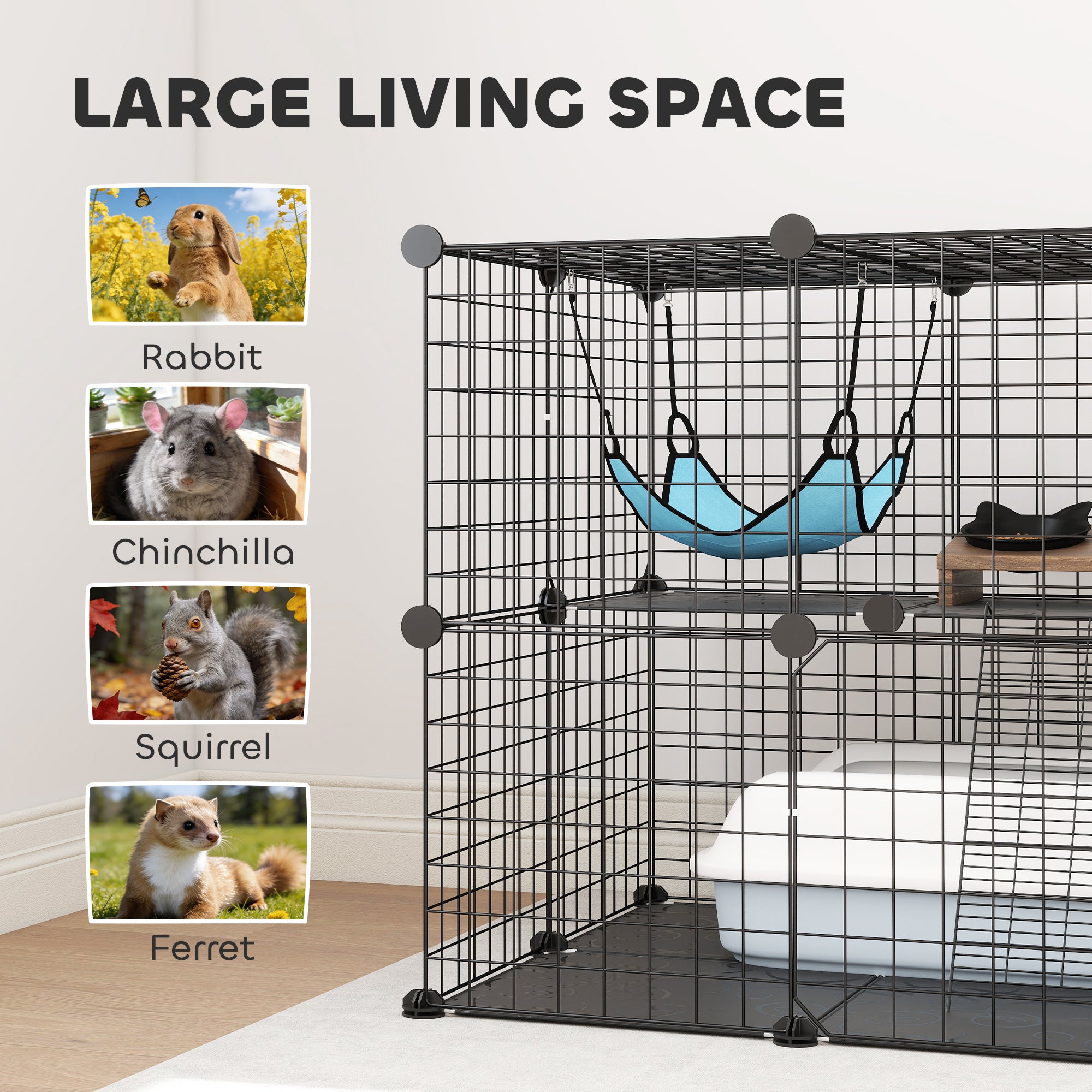 Indoor Cat Cage DIY Customizable 2-Tier Indoor Cat Enclosure with 2 Doors and Hammock 70 cm Black