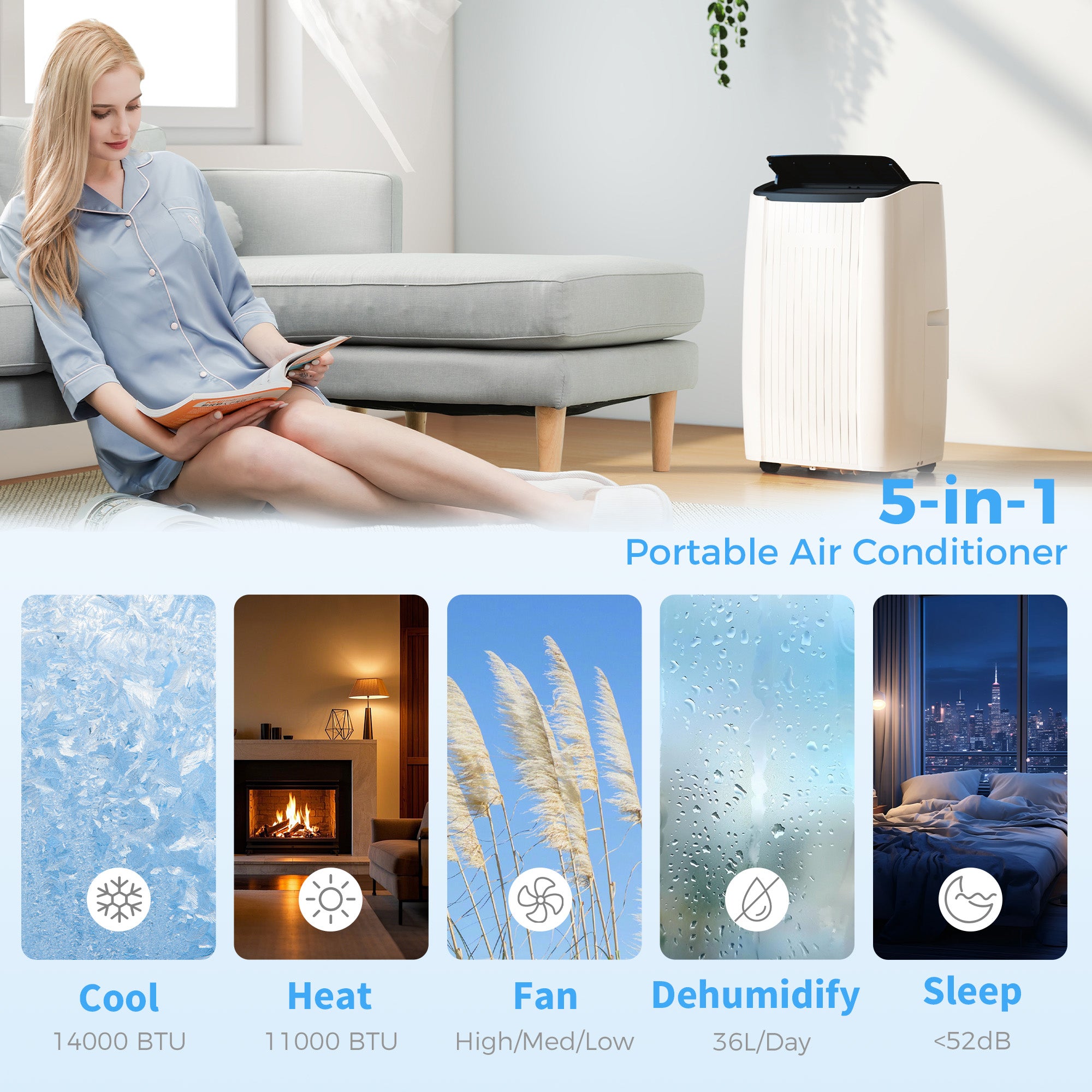 14000 BTU 5-in-1 Portable Air Conditioner with Cool, Heat, Dehumidifier, Fan, Sleep, WiFi Voice Control, White