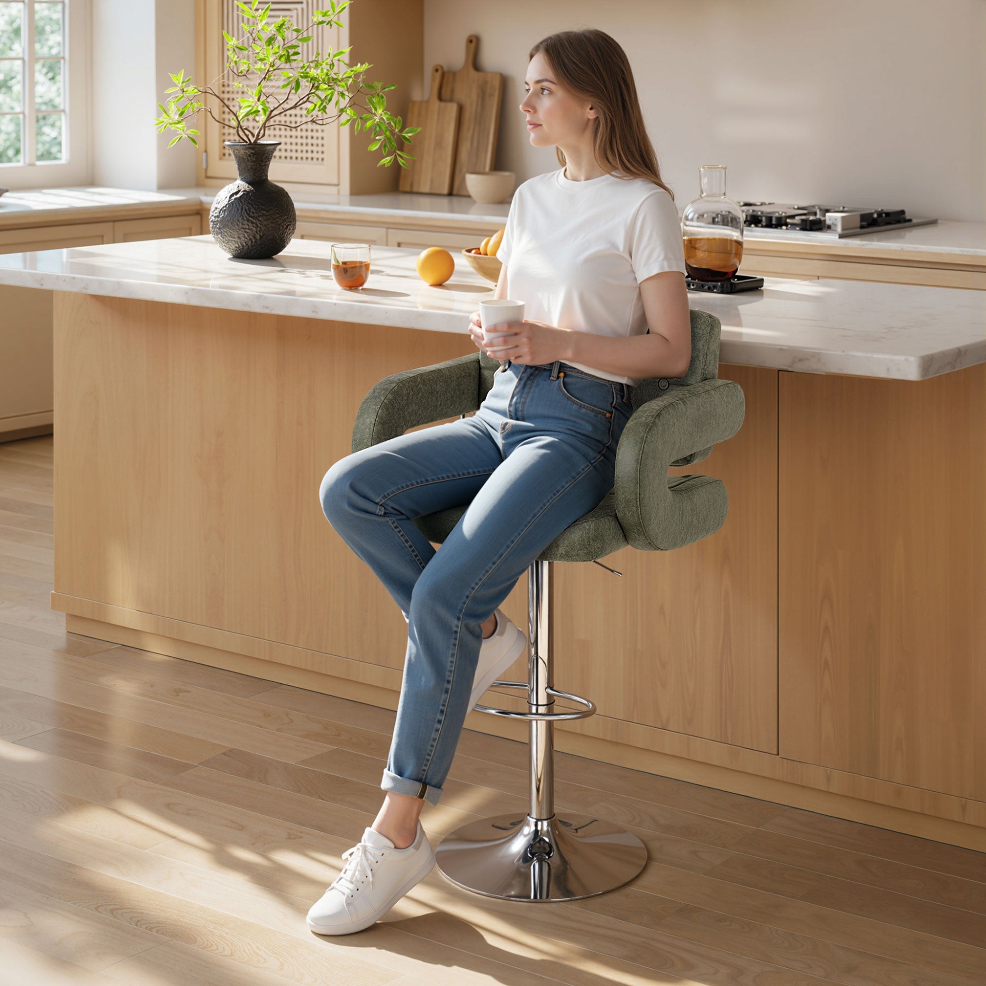 PU Leather Upholstered Swivel Bar Stool, Height Adjustable with Back, Armrest, Footrest, Green