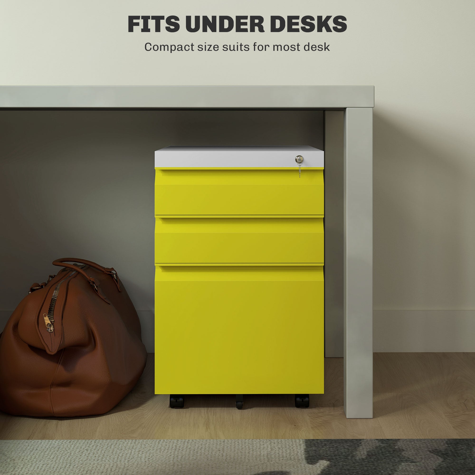 3 Drawer Filling Cabinet, Mobile Metal File Cabinet with Anti-tilt Design for Letter, A4, Legal Size, Yellow