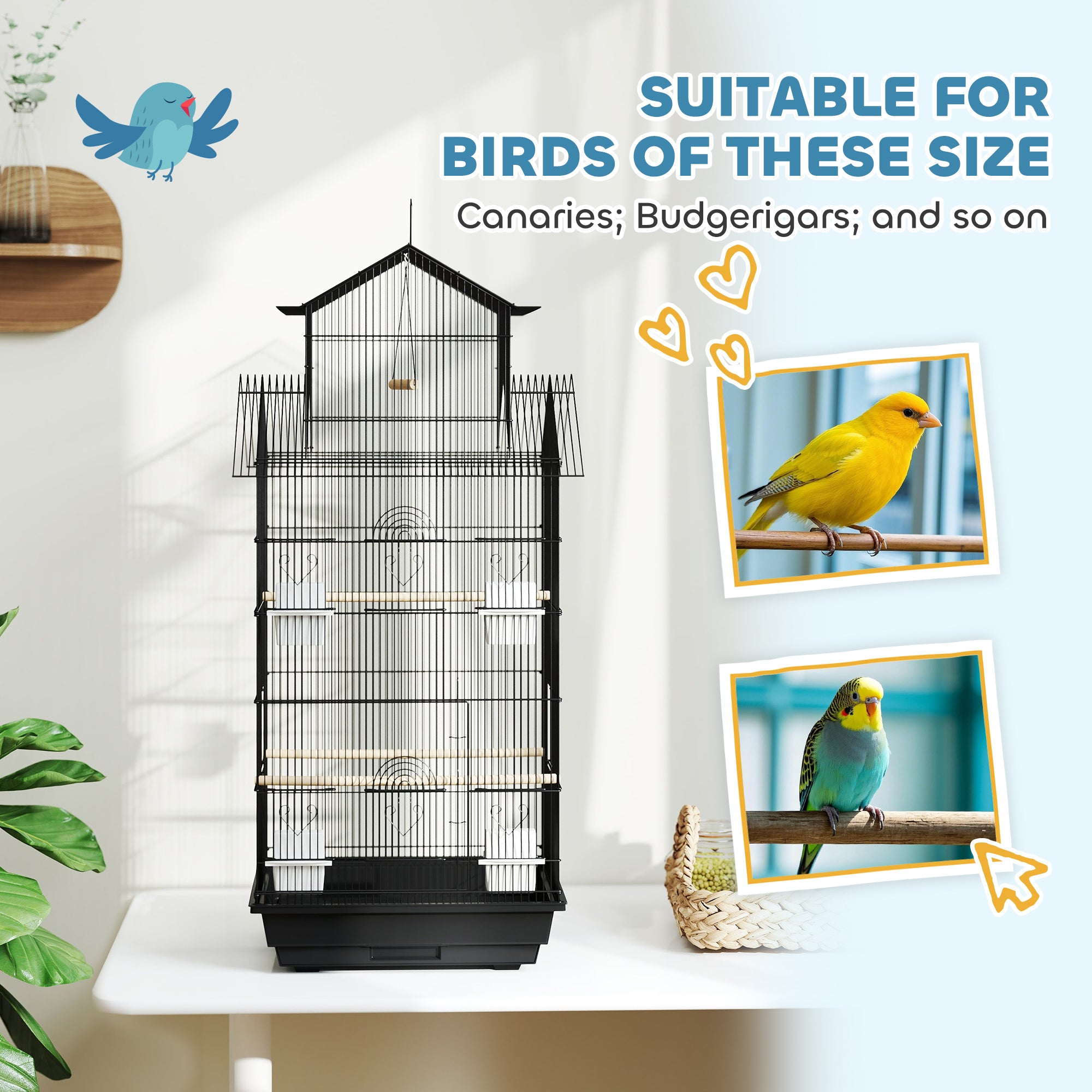 Metal Bird Cage with Swing, Perch, Food Containers & Tray for Finches Canaries 43x32.5x104cm - Black