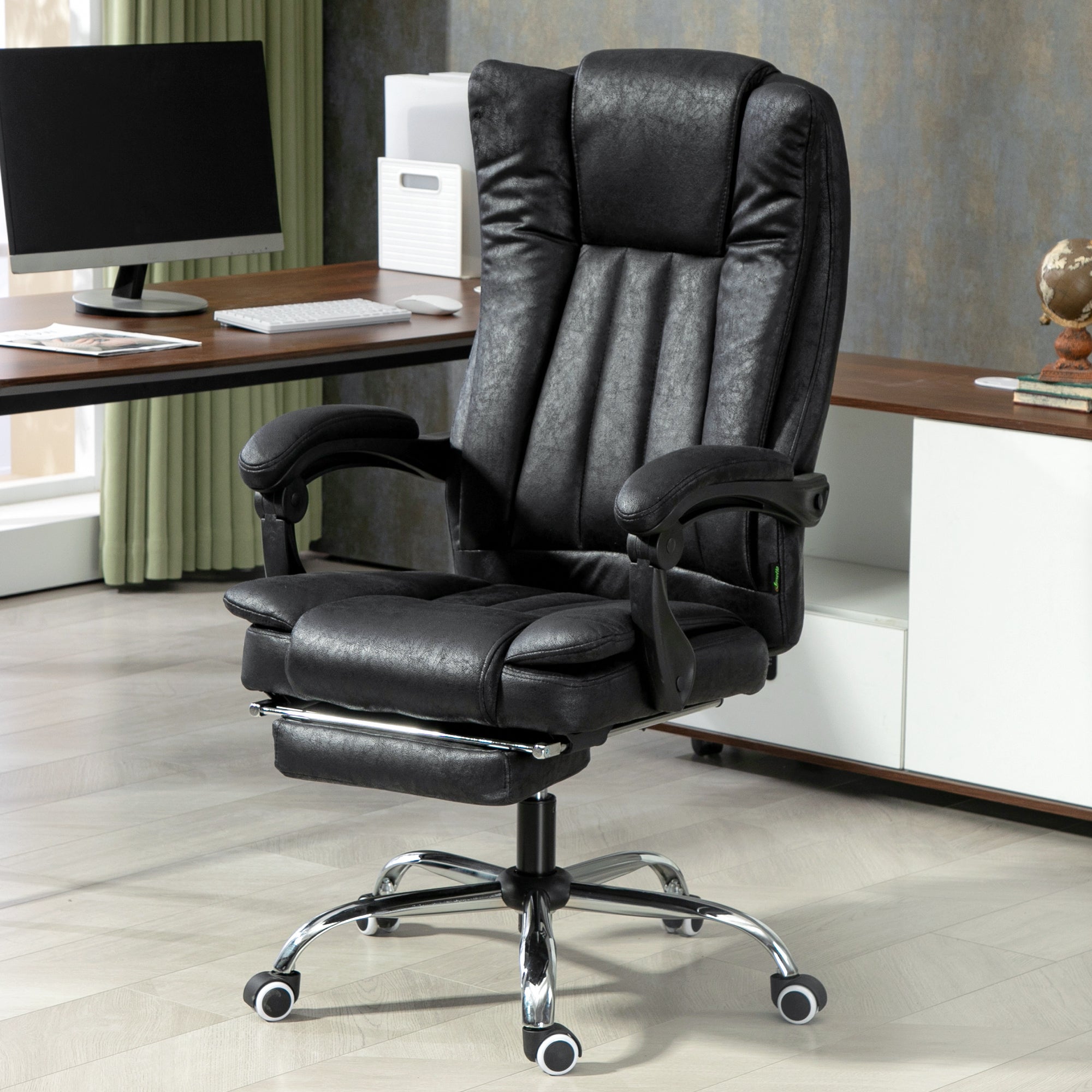 Home Office Chair Microfibre Desk Chair with Reclining Function Armrests Swivel Wheels Footrest Black