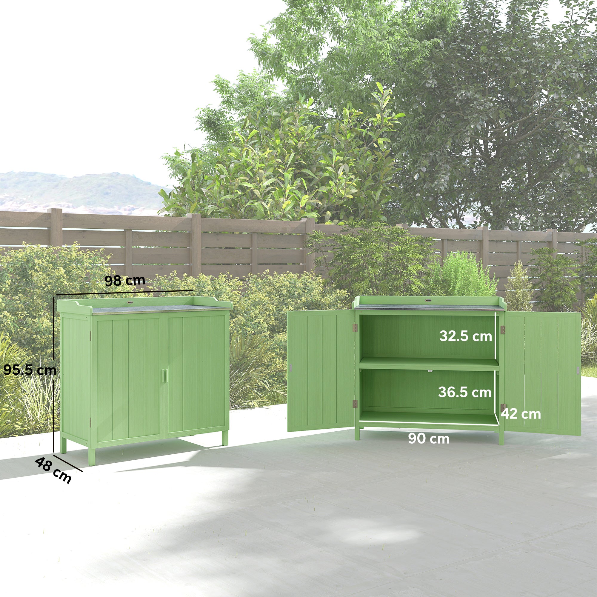Wood Garden Storage Cabinet, Outdoor Tool Shed, Potting Bench Table with galvanised Top and Two Shelves for garden Tools or Pool Accessories, Green