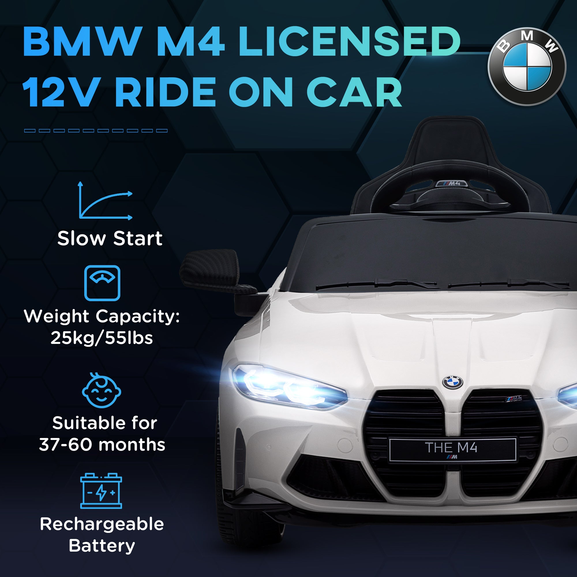 12V BMW Licensed Kids Car, with Easy Transport, Remote Control, Suspension, Music, Horn, LED Lights, White