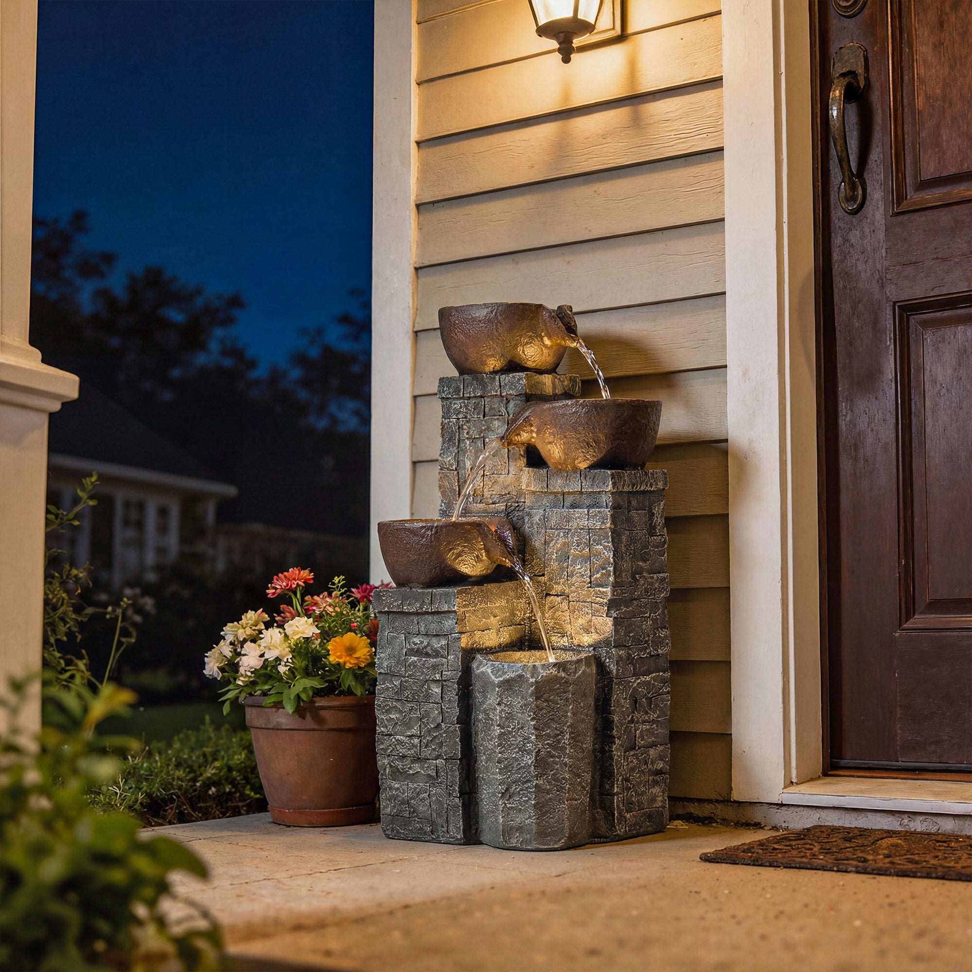 4-Tier Outdoor Fountain, Cascading Waterfall, Garden Fountain with LED Lights, Adjustable Flow, Grey and Rustic Brown