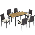 7 Piece Rattan Garden Furniture Set, 6 Seater Garden Table and 6 Stackable Chairs with Extendable Acacia Wood Tabletop