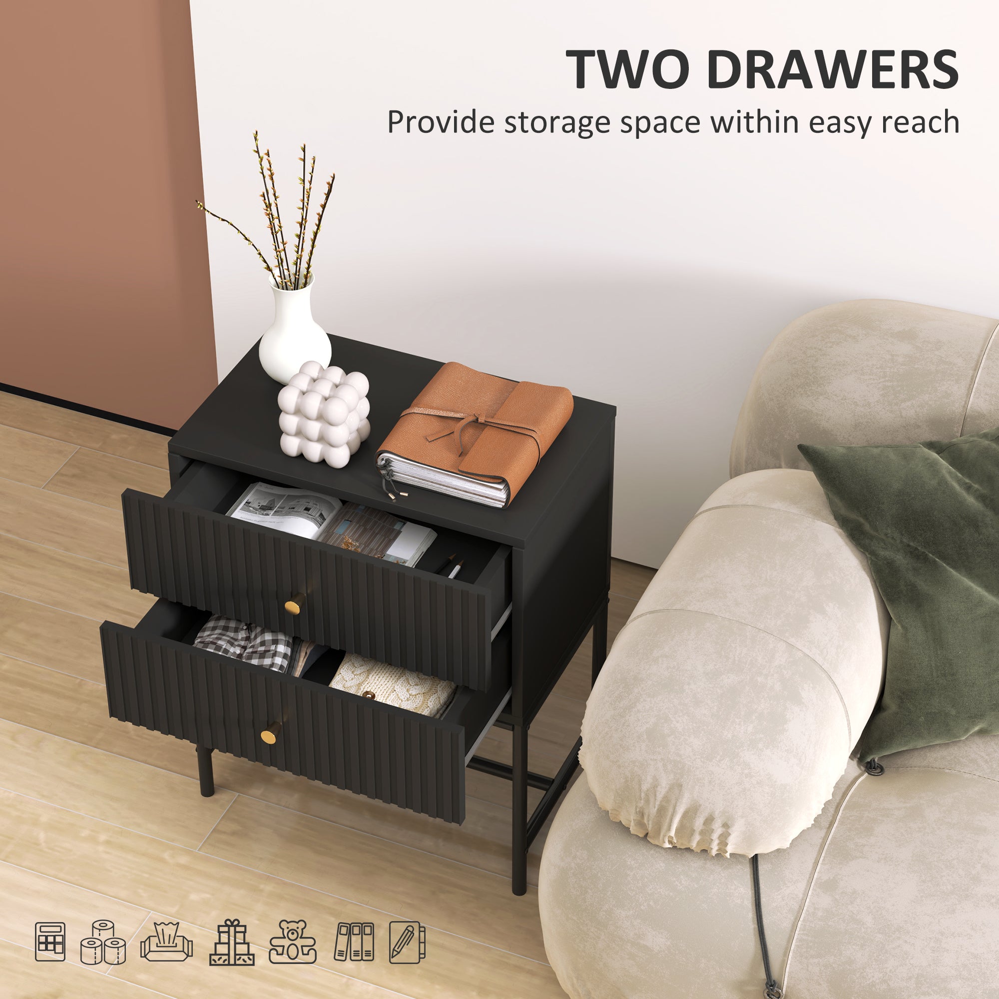Elegant Two-Drawer Bedside Table - Black