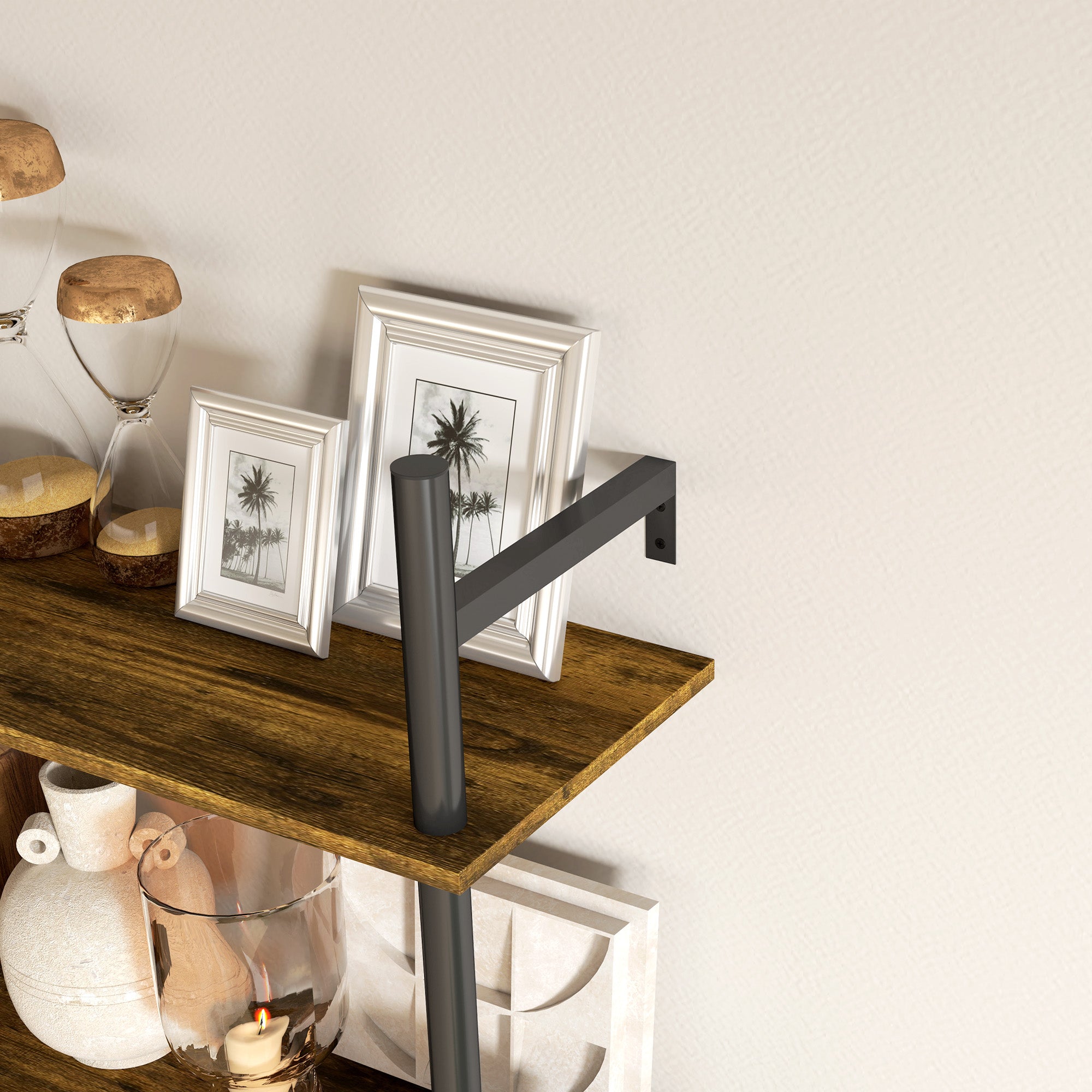 Wall Mounted Floating Shelf Unit with 4 Hooks, Rustic Brown