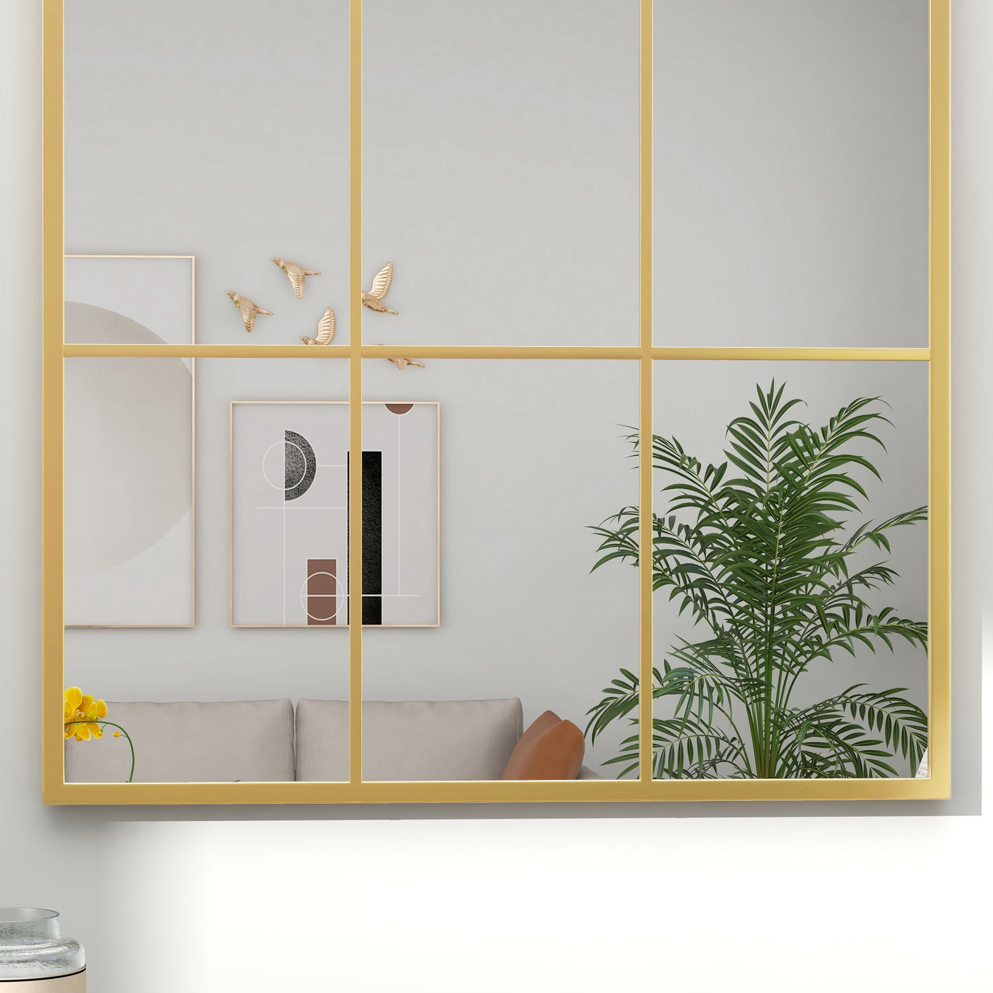 Modern Arched Wall Mirror 91 x 60 cm with Grid Frame - Gold Tone