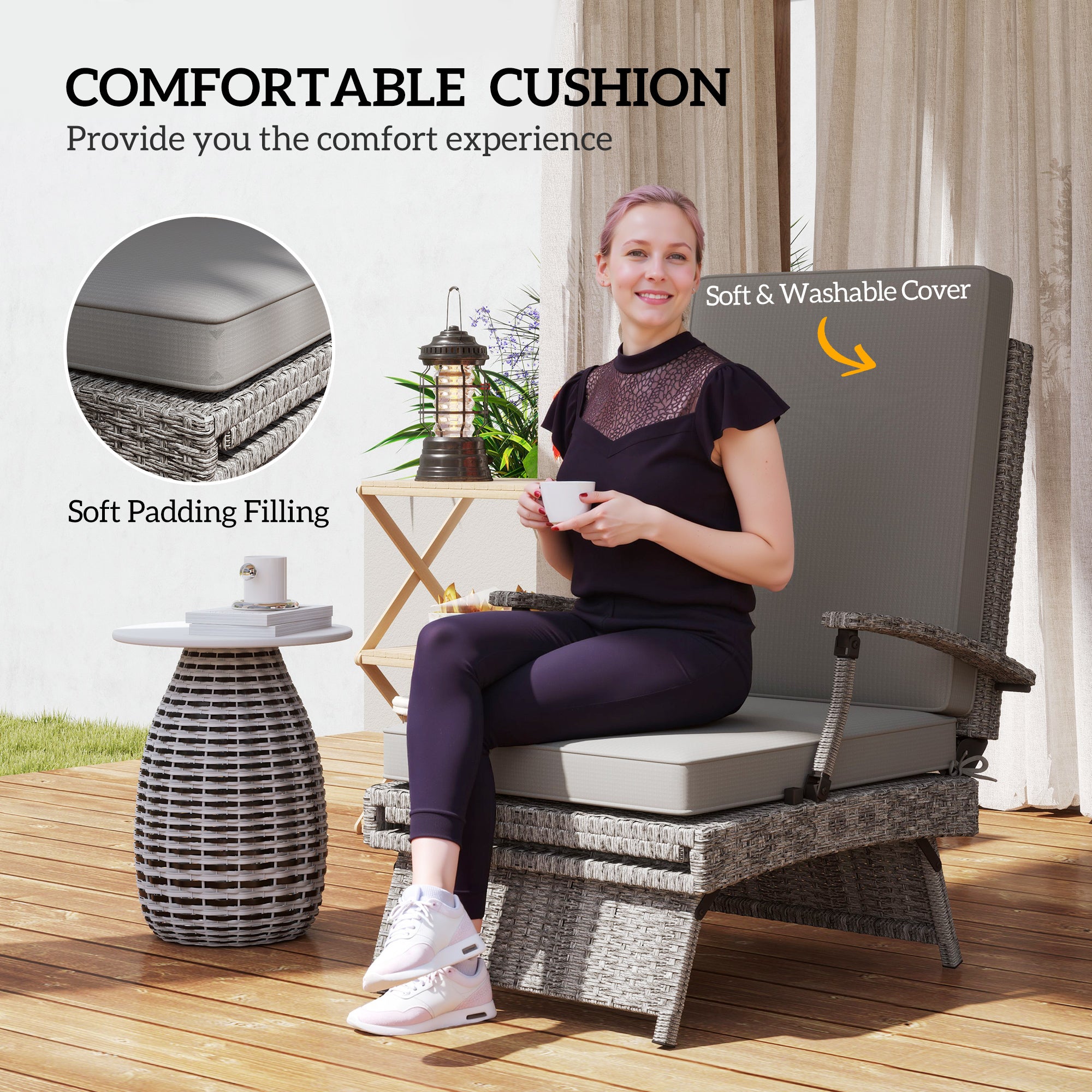 80° Reclining Rattan Lounger - Grey