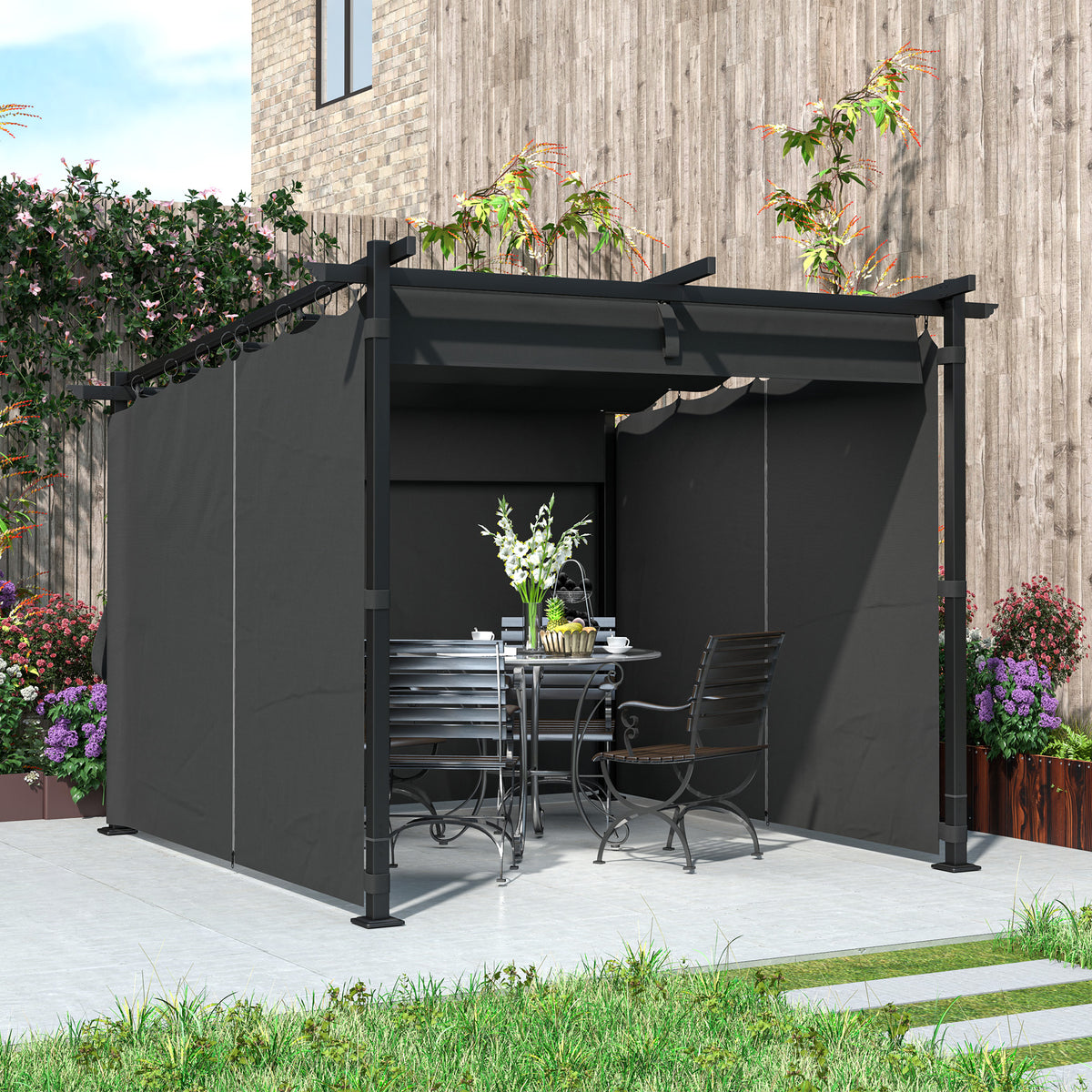 3 x 3 m Retractable Roof Pergola with Curtains - Dark Grey