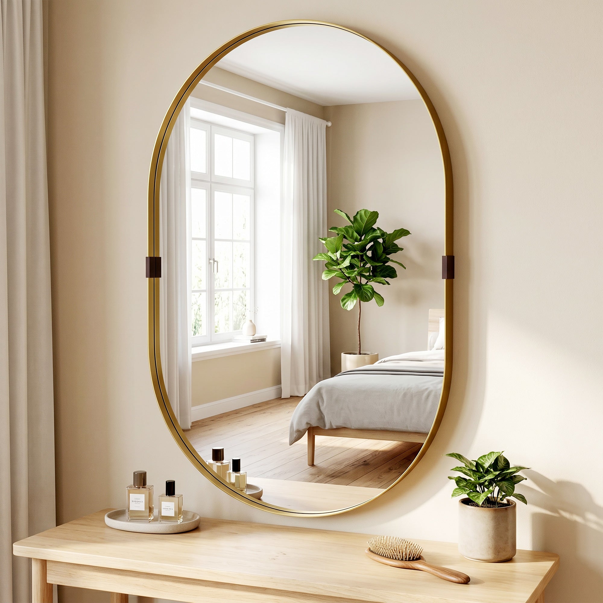 Wall Mirror, Bathroom Mirror with Elevated Aluminium Alloy Frame, 60 x 90 cm, Gold Tone