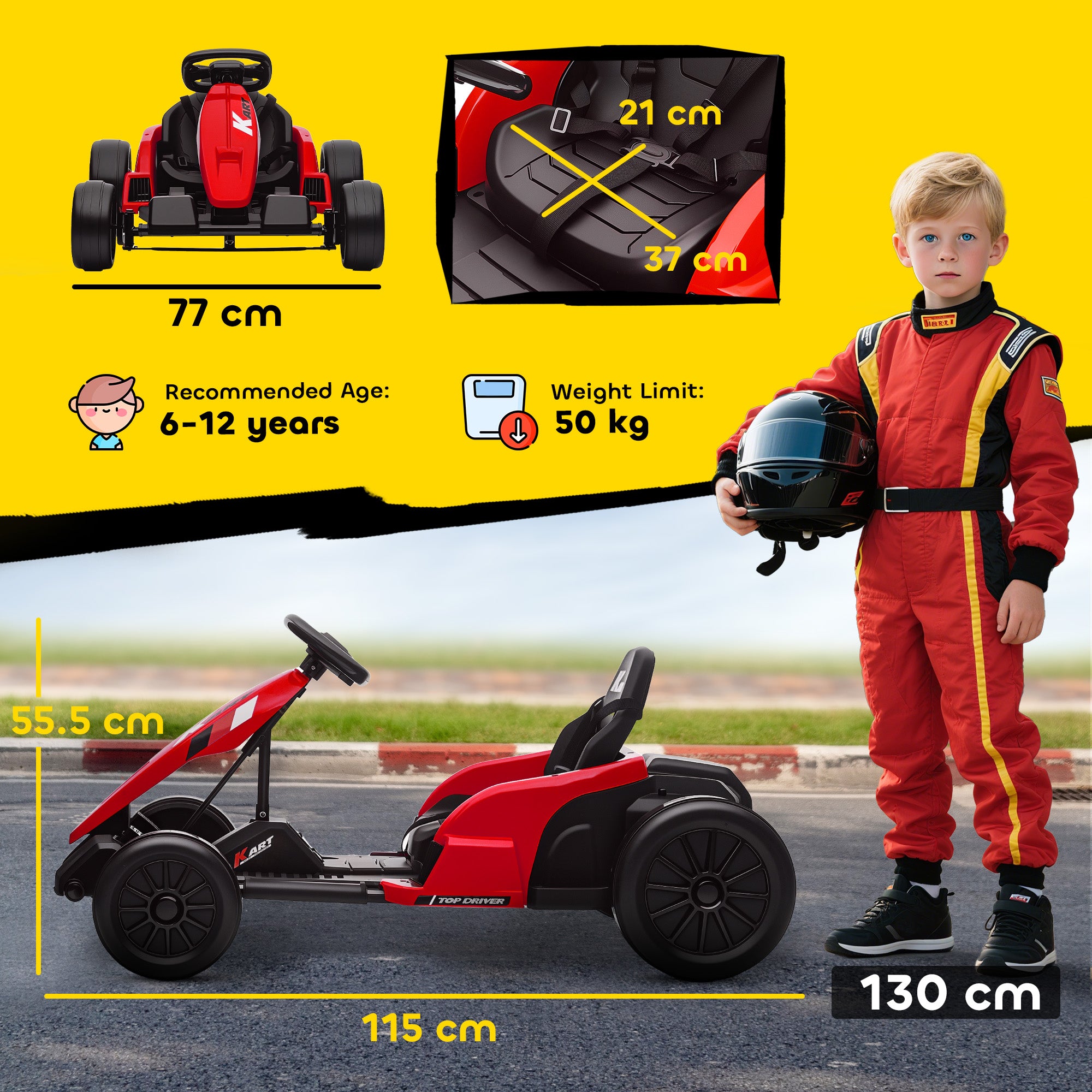 24V Electric Go Kart, Drift Kart with Adjustable Seat, Slow Start, 5-Point Harness, Music, Horn, for 6-12 Years, Red