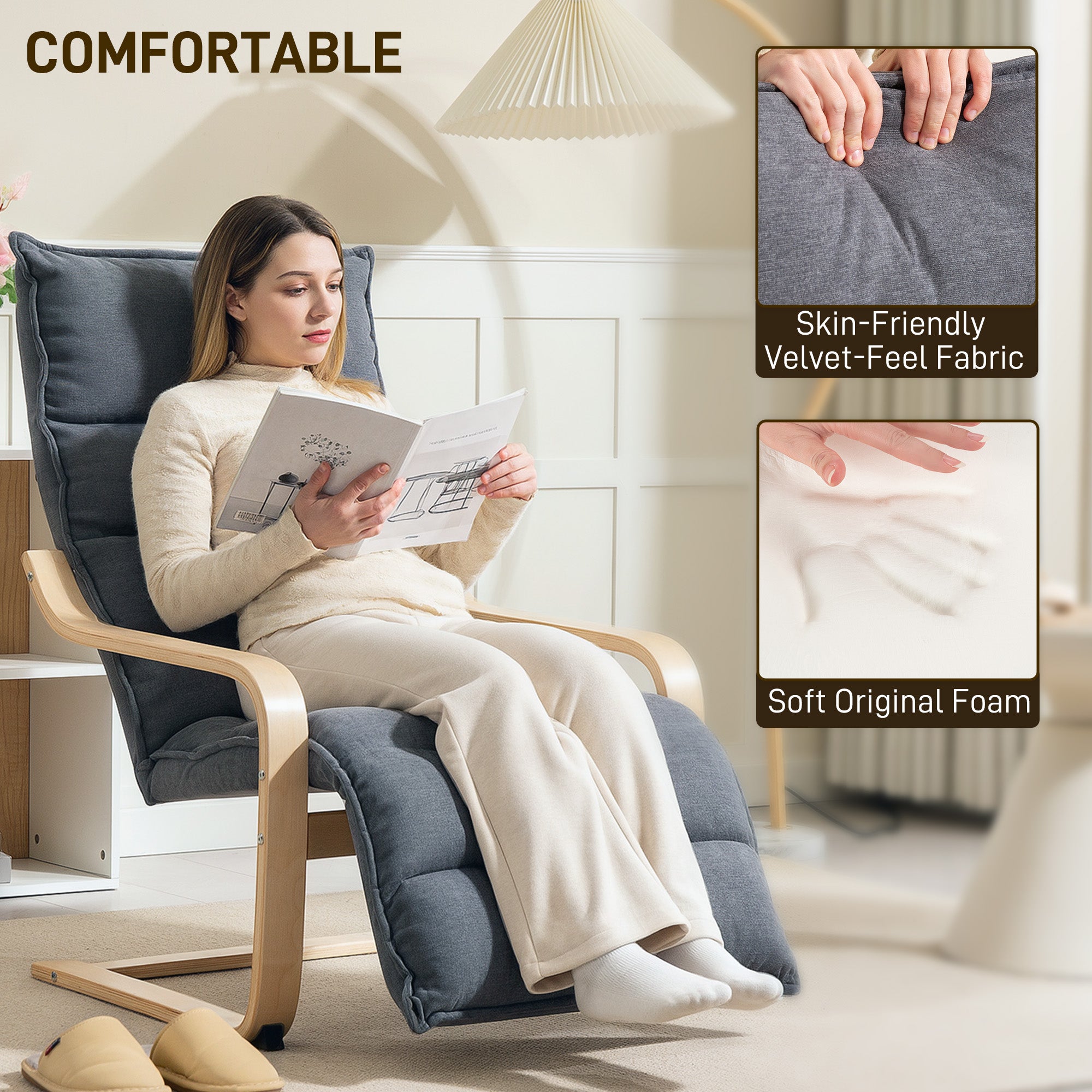 Curved Wooden Accent Lounge Chair with Adjustable Footrest - Drak Grey