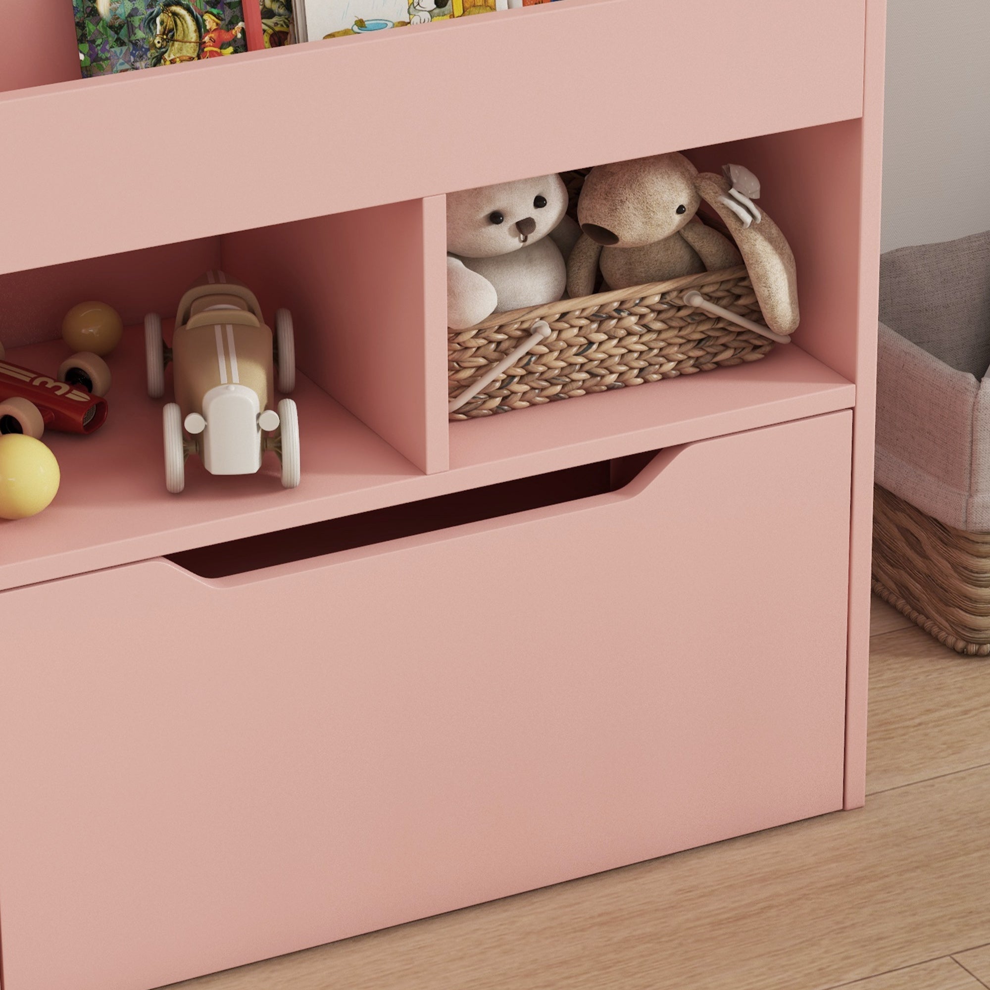 Kids Bookshelf with Storage Drawer and Wheels - Pink