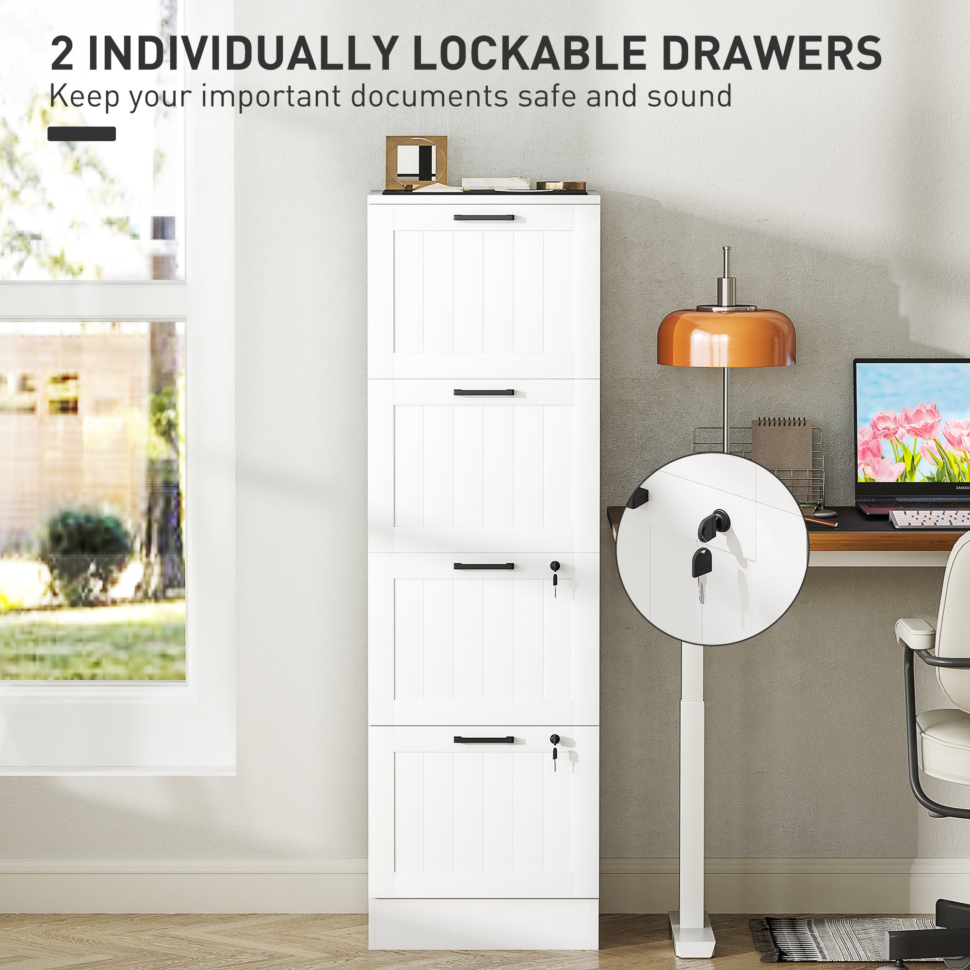 4 Drawer Filing Cabinet with Lock, Office Storage Cabinet with Adjustable Hanging Bars for A4 Letter Size Files, White
