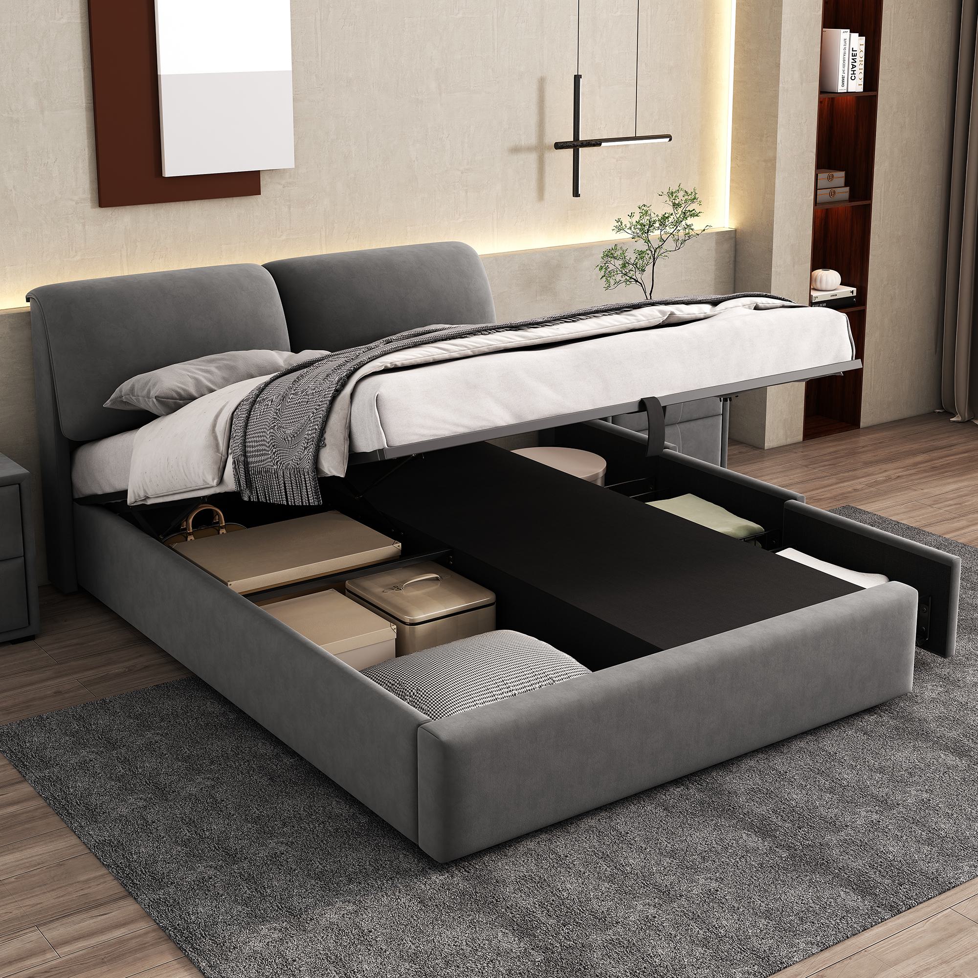 Upholstered Double Bed with Hydraulic Storage and Drawers - Grey Velvet