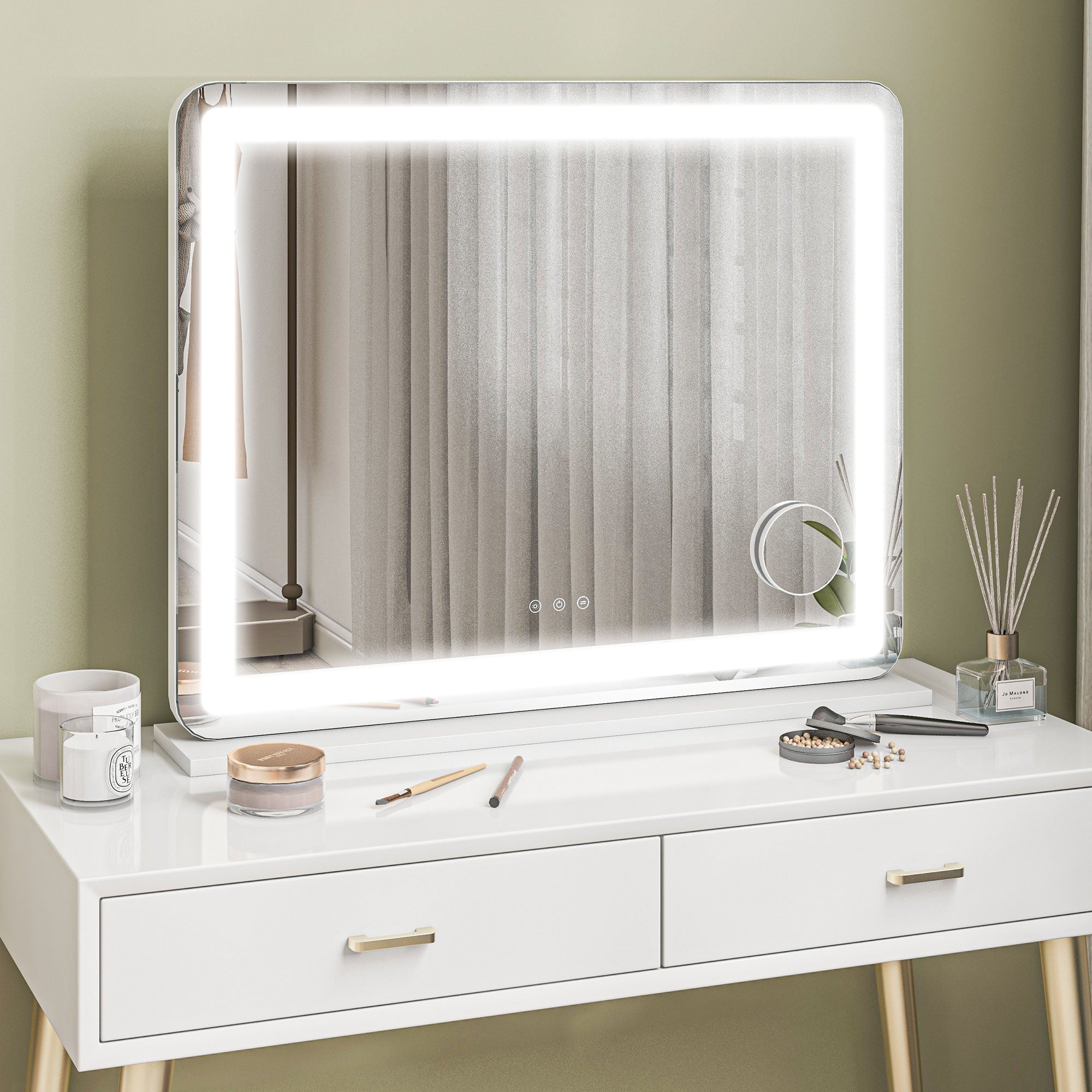 Vanity Mirror with Lights, Large 80x62 cm Lighted Makeup Mirror with 3 Colour, 10X Magnifying, USB Charging Port, Touch Screen, Tabletop or Wall Mounted Design, White