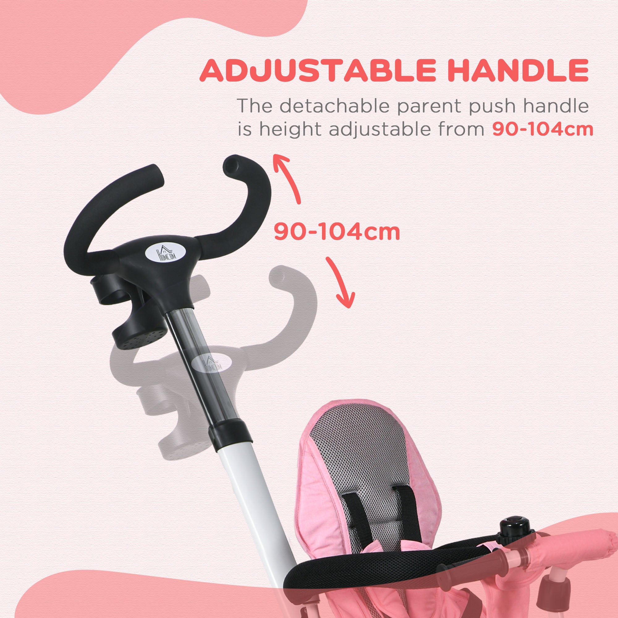 Metal Frame 6 in 1 Baby Push Tricycle with Parent Handle for 1-5 Years Old, Pink