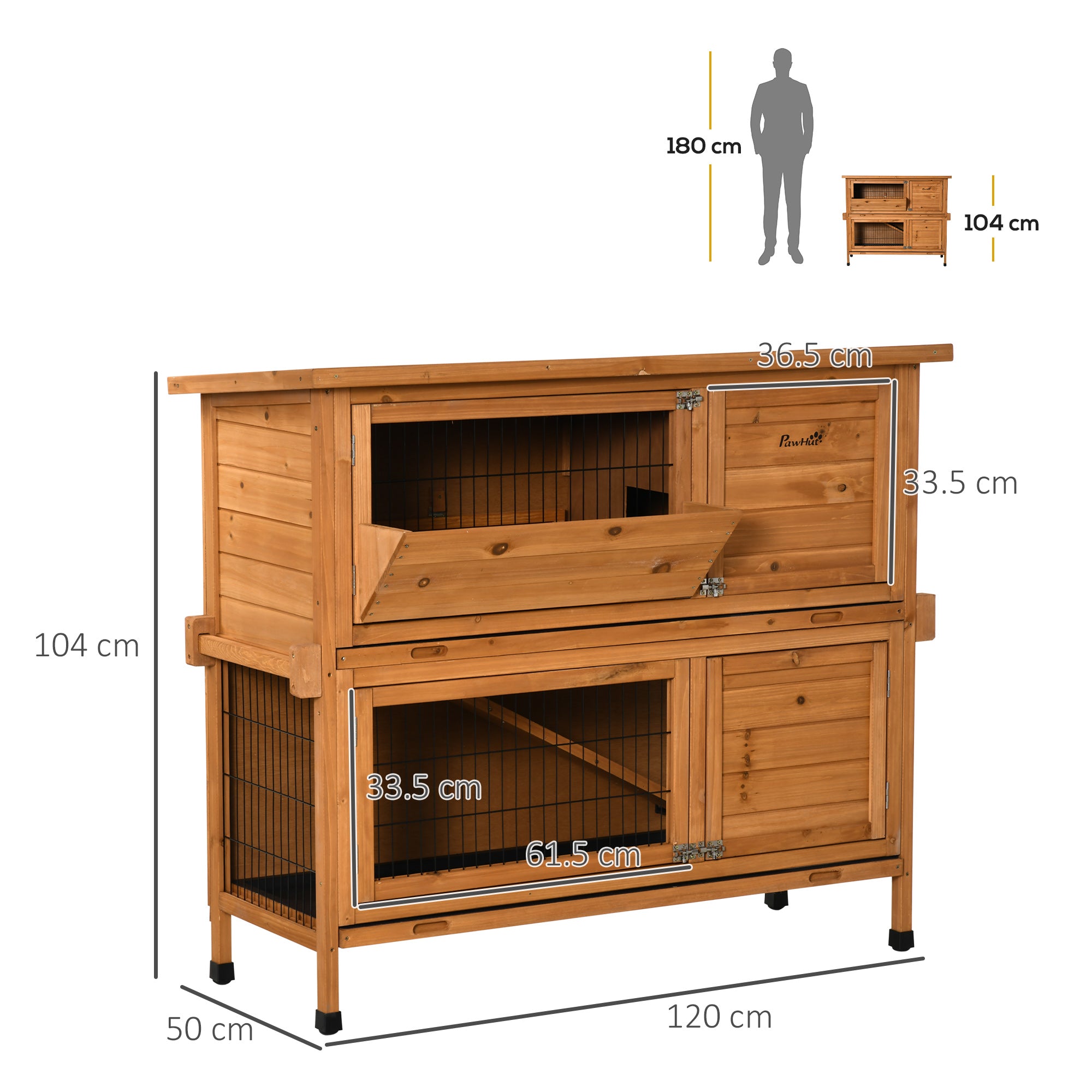 2-Tier Double Decker Rabbit Hutch Wooden Guinea Pig House Pet Cage Outdoor with Sliding-out Tray, Asphalt Roof, Ramp, Feeding Shelf, Handle, 120x50x104cm, Orange