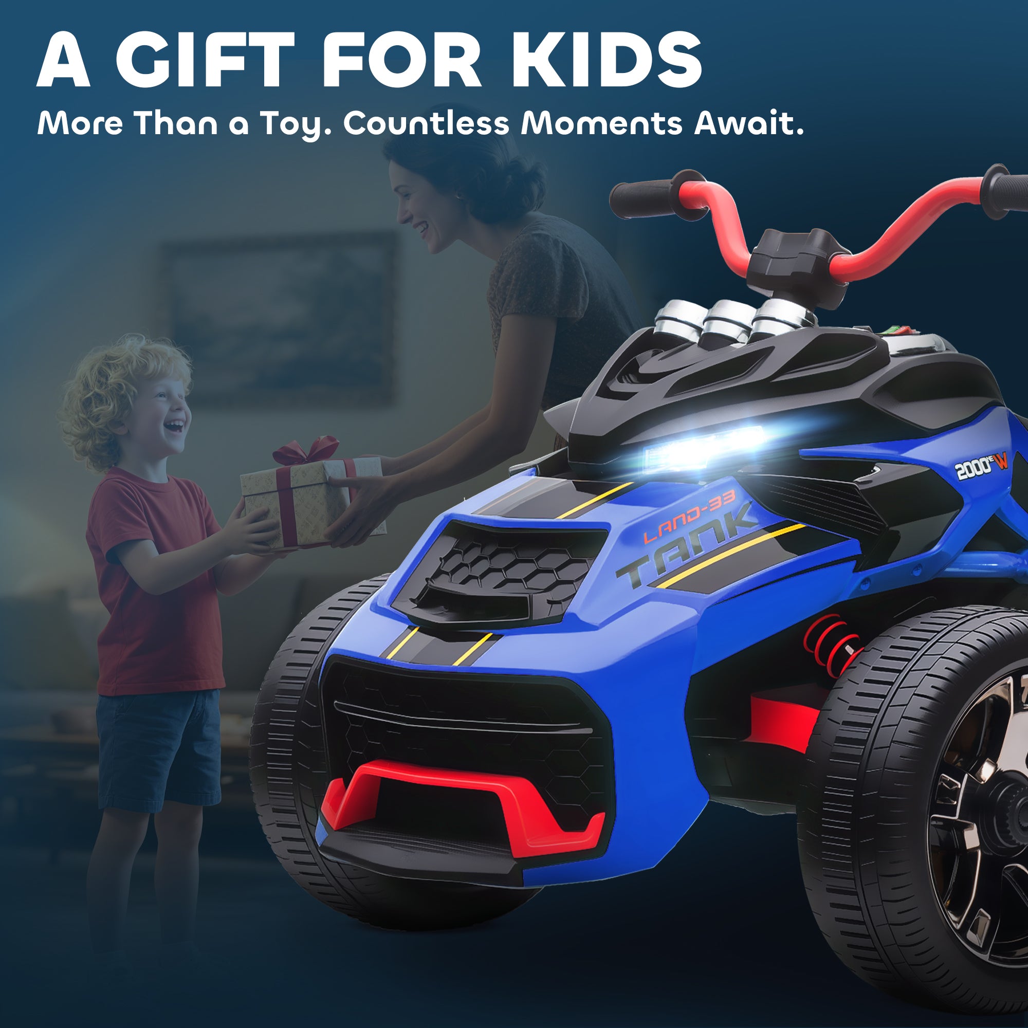 12V Kids Electric Ride On Car with 3 Wheeler, MP3 Player, Horn, 2 Speeds, LED Lights for Boys & Girls Ages 3-8, Blue