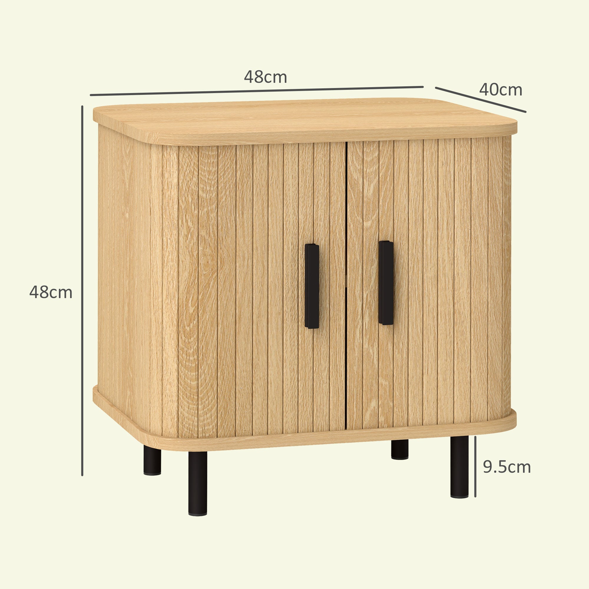 Bedside Table, Nordic Side Table with Roller Shutter Style Sliding Doors and Metal Legs for Bedroom, Living Room, Oak Tone