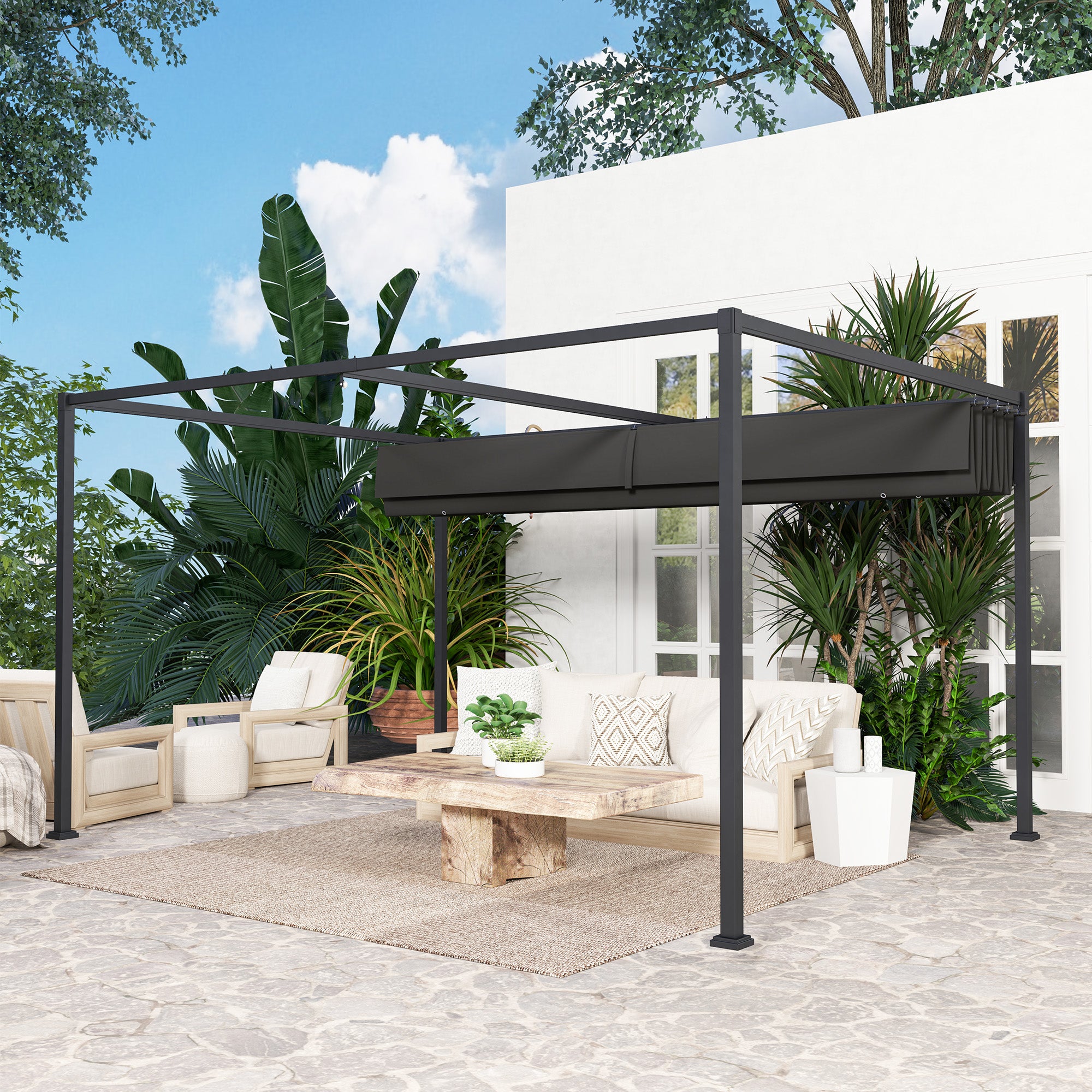 4 x 3m Metal Pergola, with Retractable Canopy Roof - Black