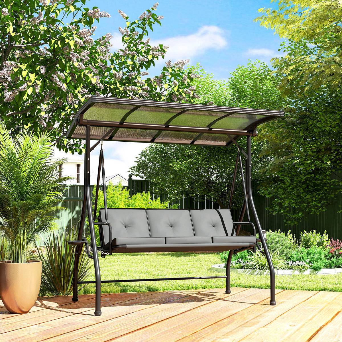 Convertible Three-Seater Swing Bench with Adjustable Canopy and Cup Trays - Dark Grey