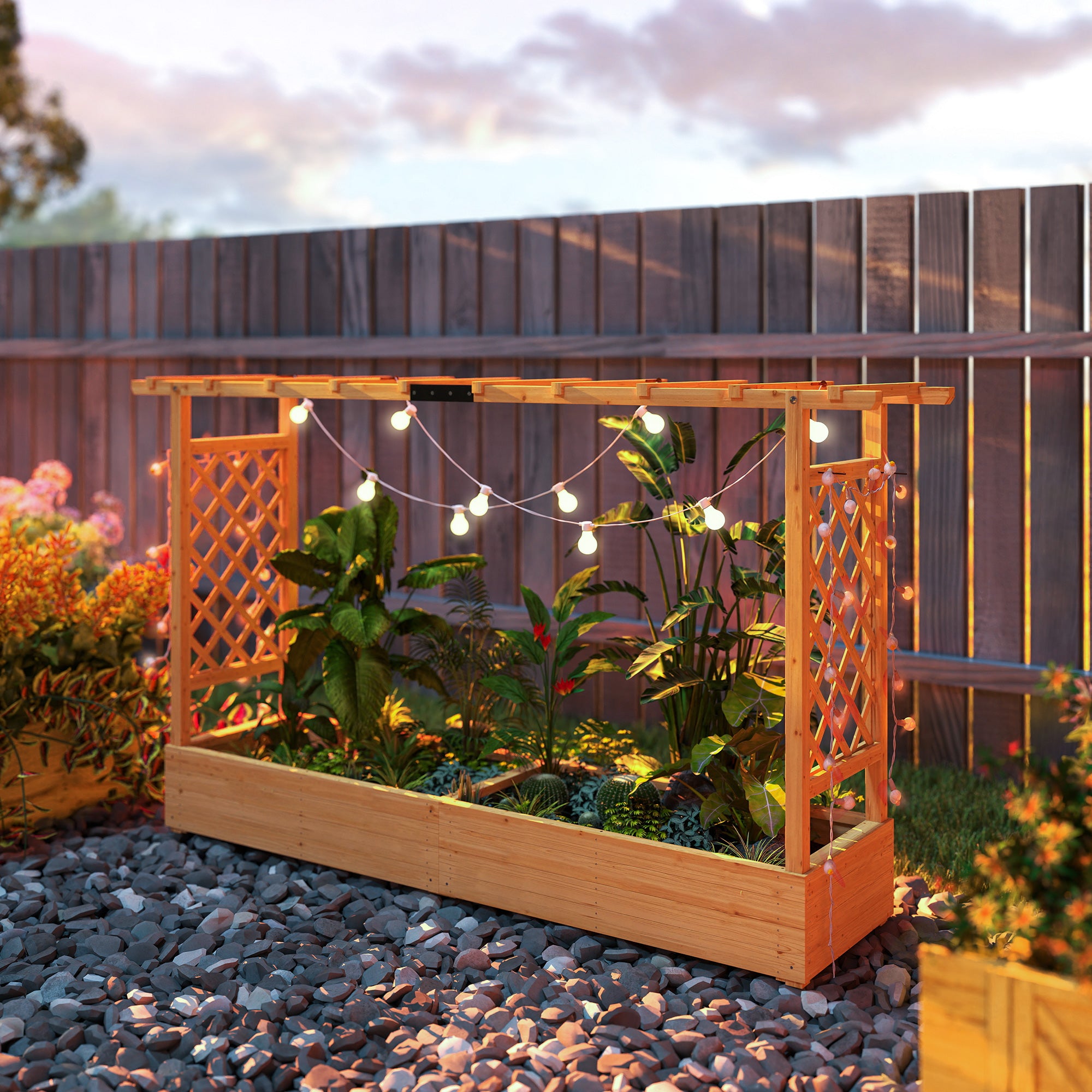 Raised Planter with Trellis, Wooden Raised Bed for Garden with Hanging Roof and Drainage Holes, Outdoor Planter Box