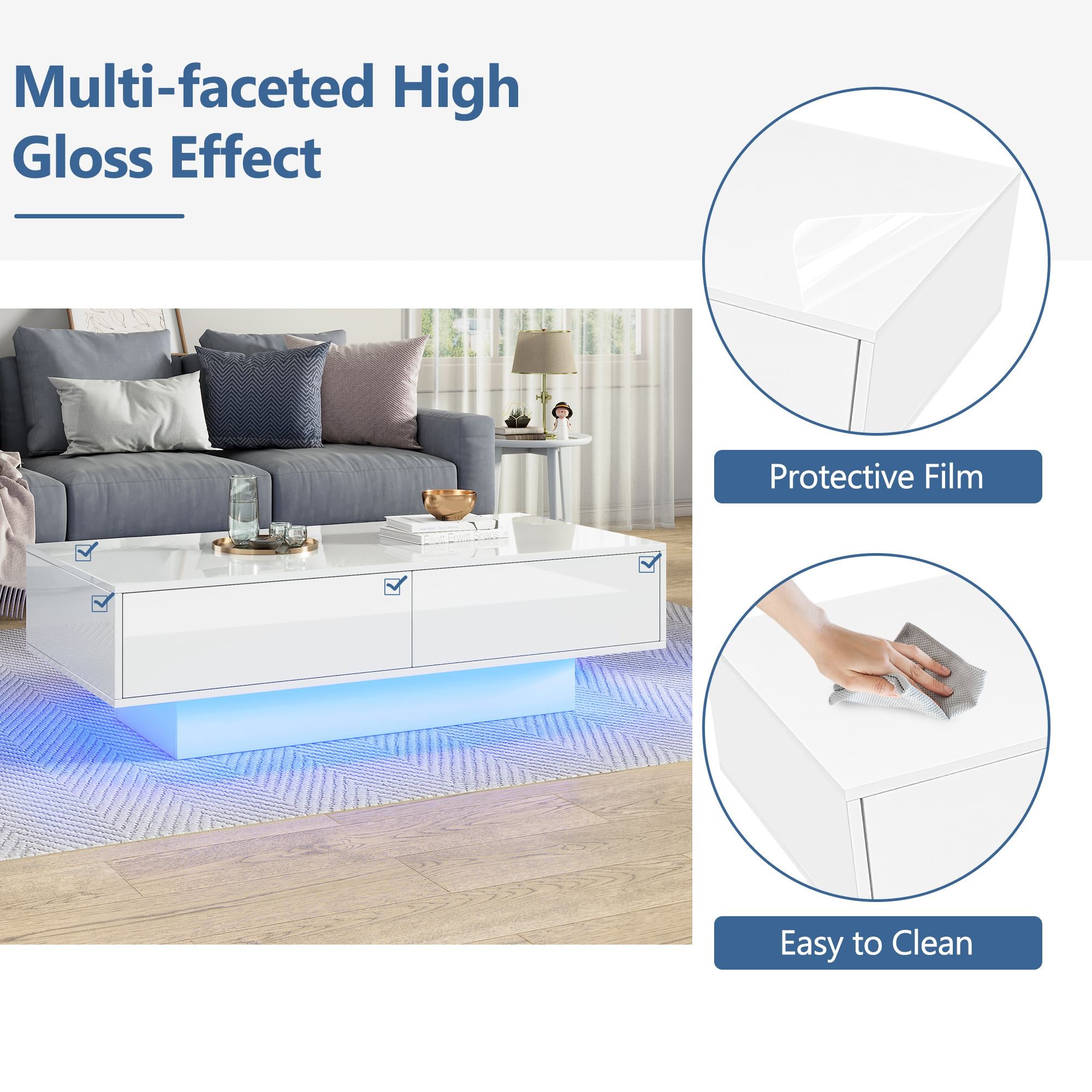 High Gloss LED Coffee Table with 2 Drawers and Bluetooth Control, Tea Table with Particle Board, 115L x 55W x 34H cm, White