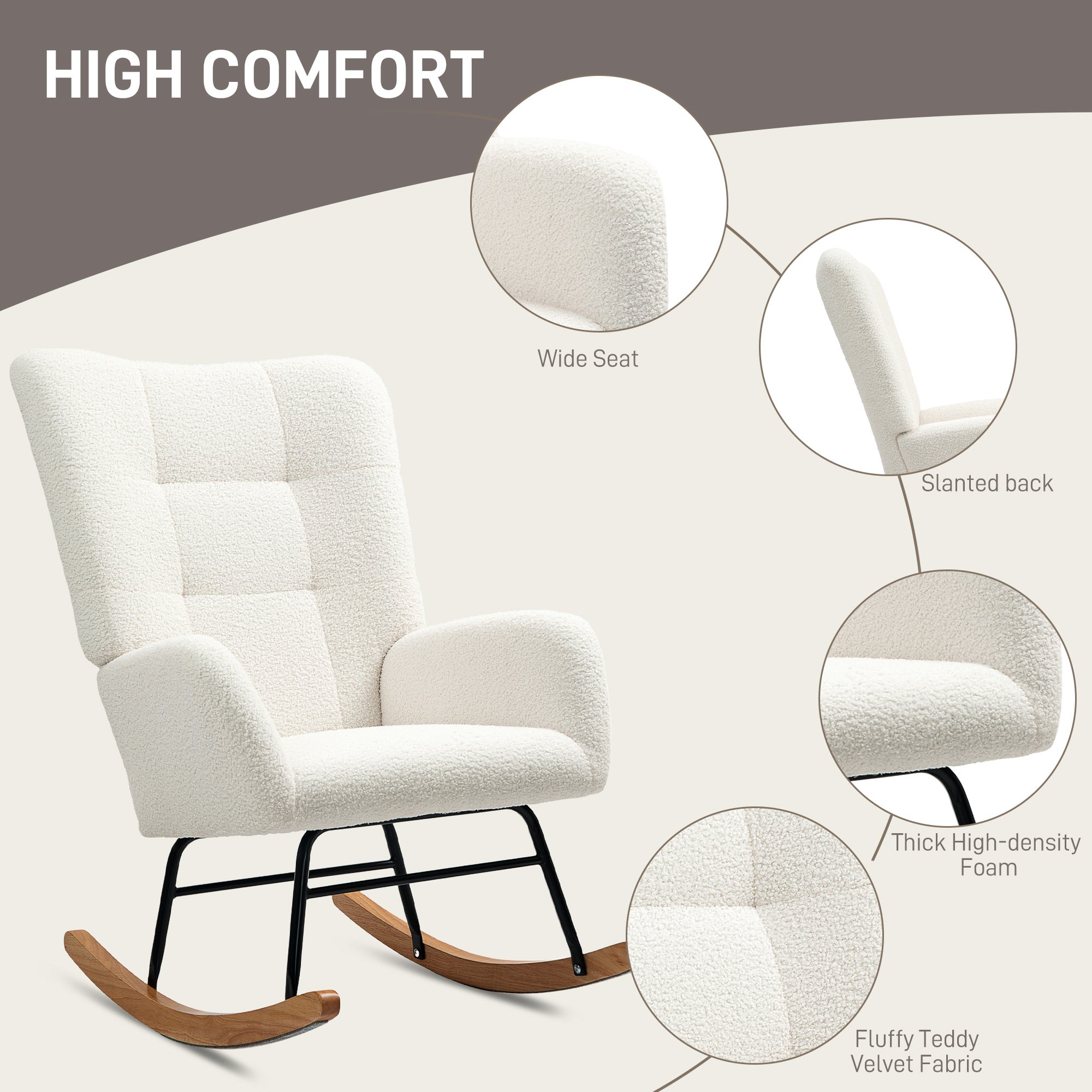 Teddy Fleece Rocking Chair with High-Density Foam Cushioning - Cream White