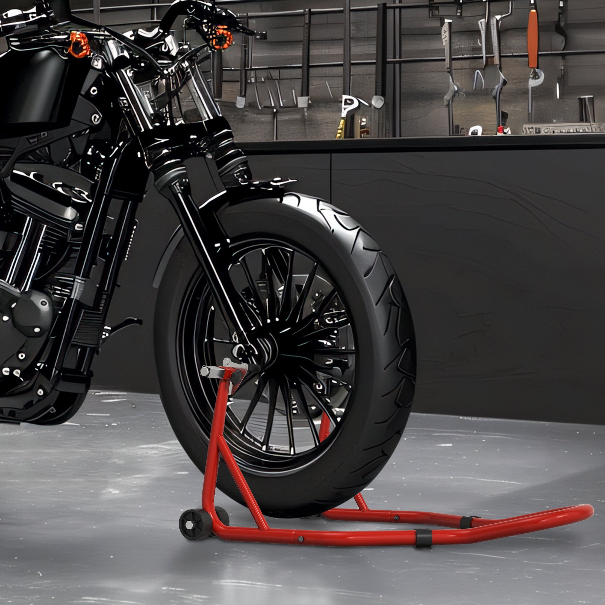 Rear Motorcycle Paddock Stand Motorbike Stand with Anti-Slip Mat, U-Shaped and L-Shaped Adapters, 200 kg Capacity, for 18", 17" and 10" Tyre, Red