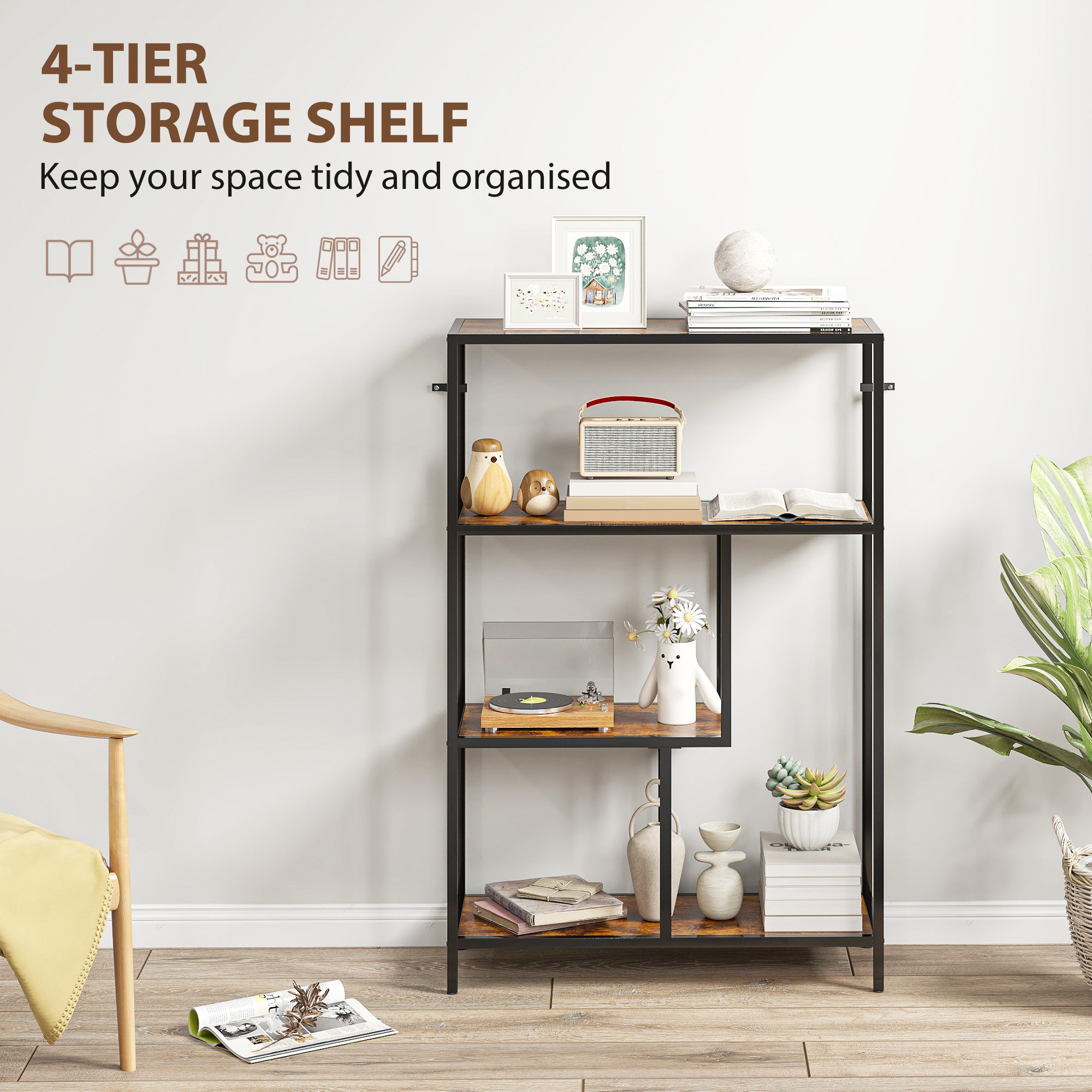 4-Tier Bookshelf with Open Shelves - Rustic Brown