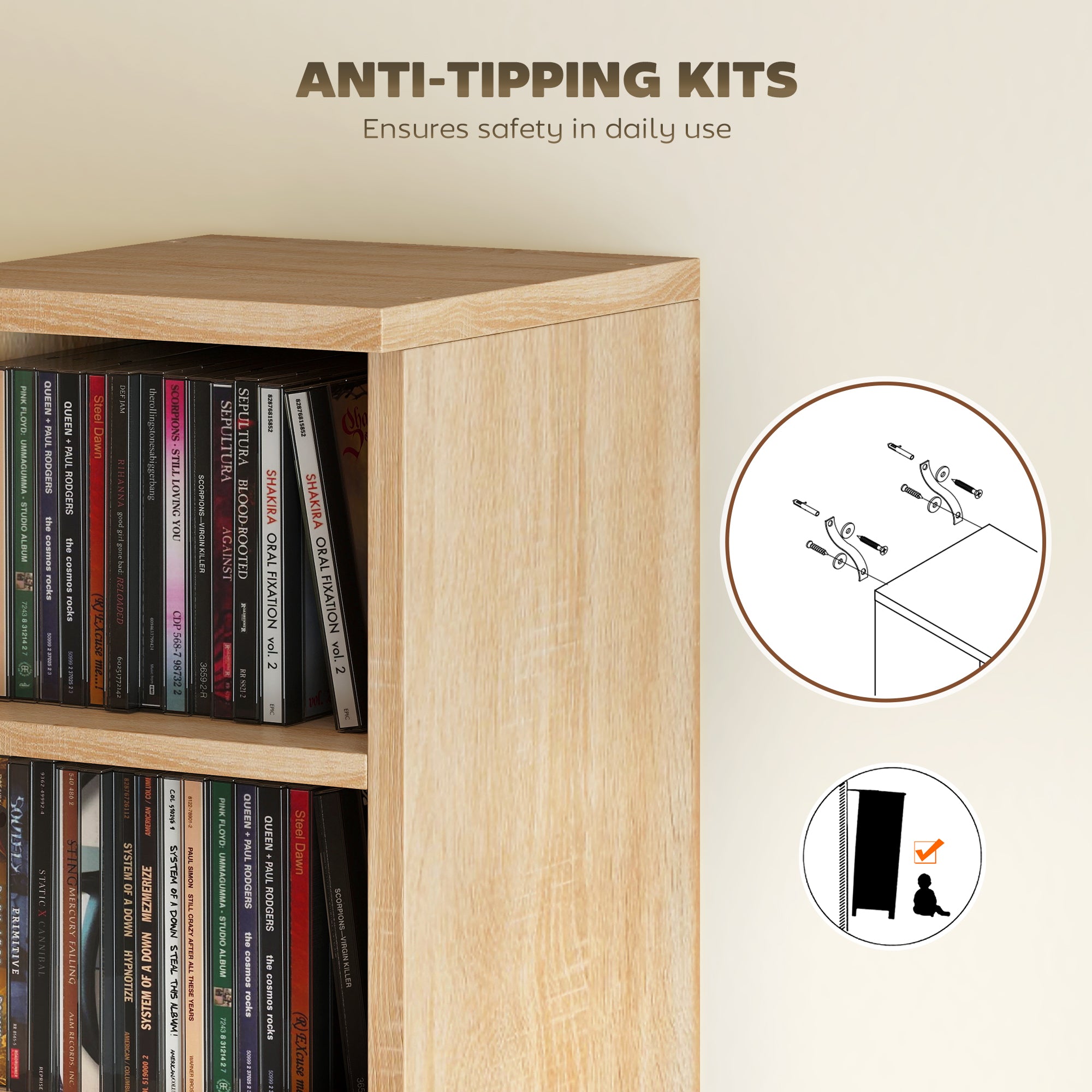 Set of 2 CD Media Display Shelf Unit Tower Rack with Adjustable Shelves, Oak