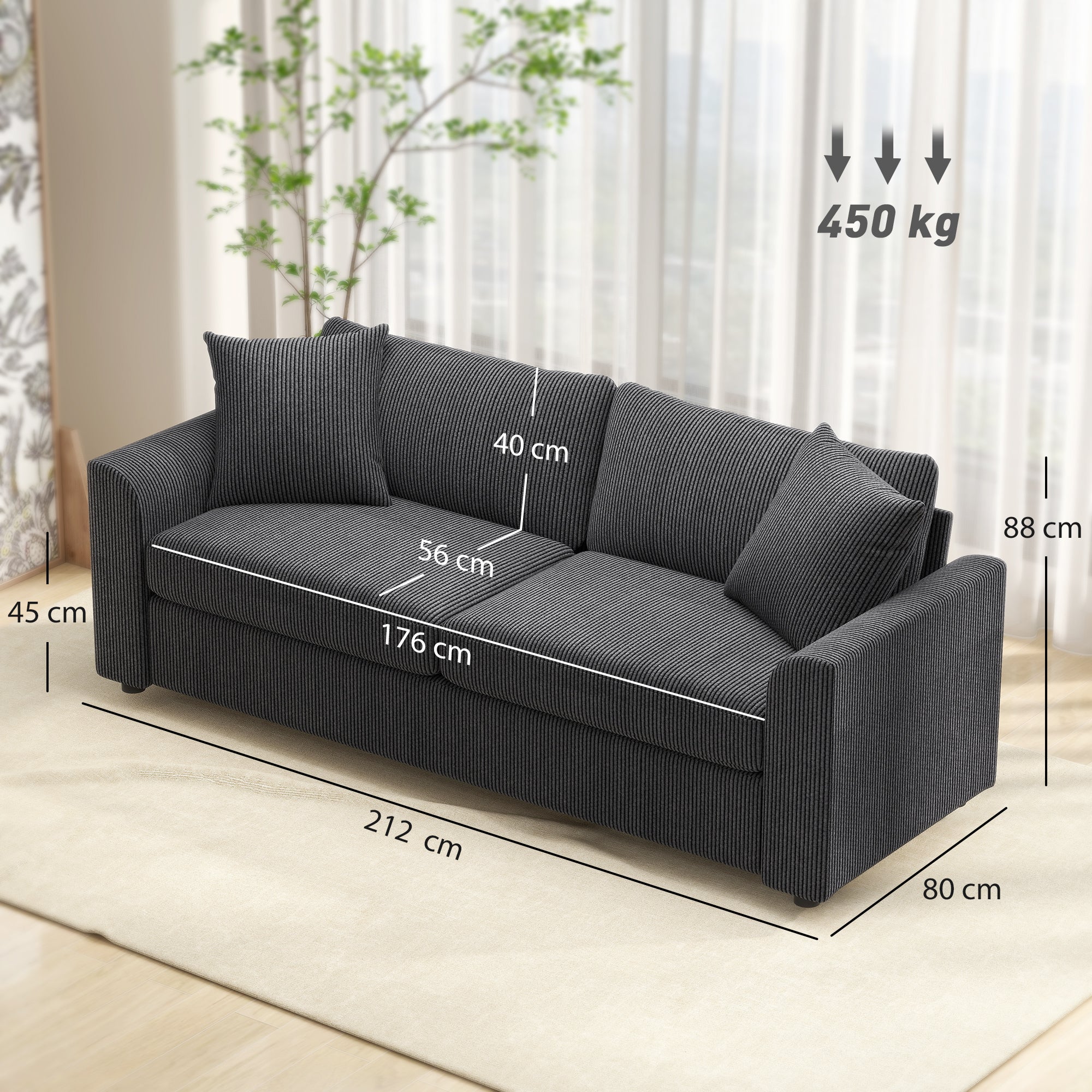 Modern 3 Seater Sofa with Spring Cushion, 212 cm Fabric Jumbo Cord Sofa Couch with 2 Scatter Cushions, Upholstered Corduroy Settee for Living Room, Bedroom, Home Office, Grey