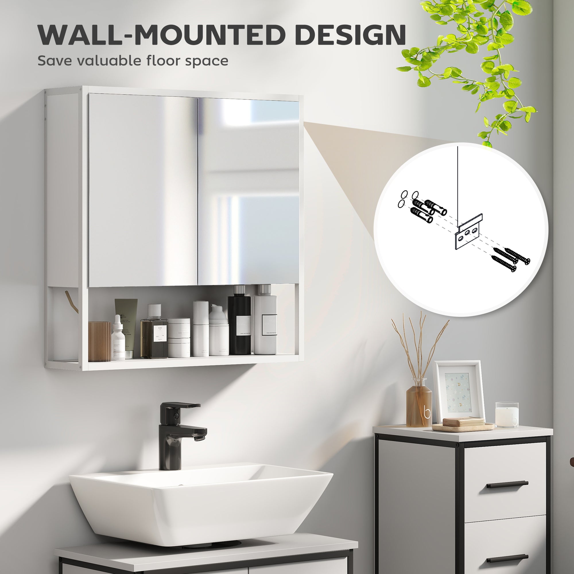 Bathroom Mirror Cabinet with Soft-Close Doors and Adjustable Shelf - White