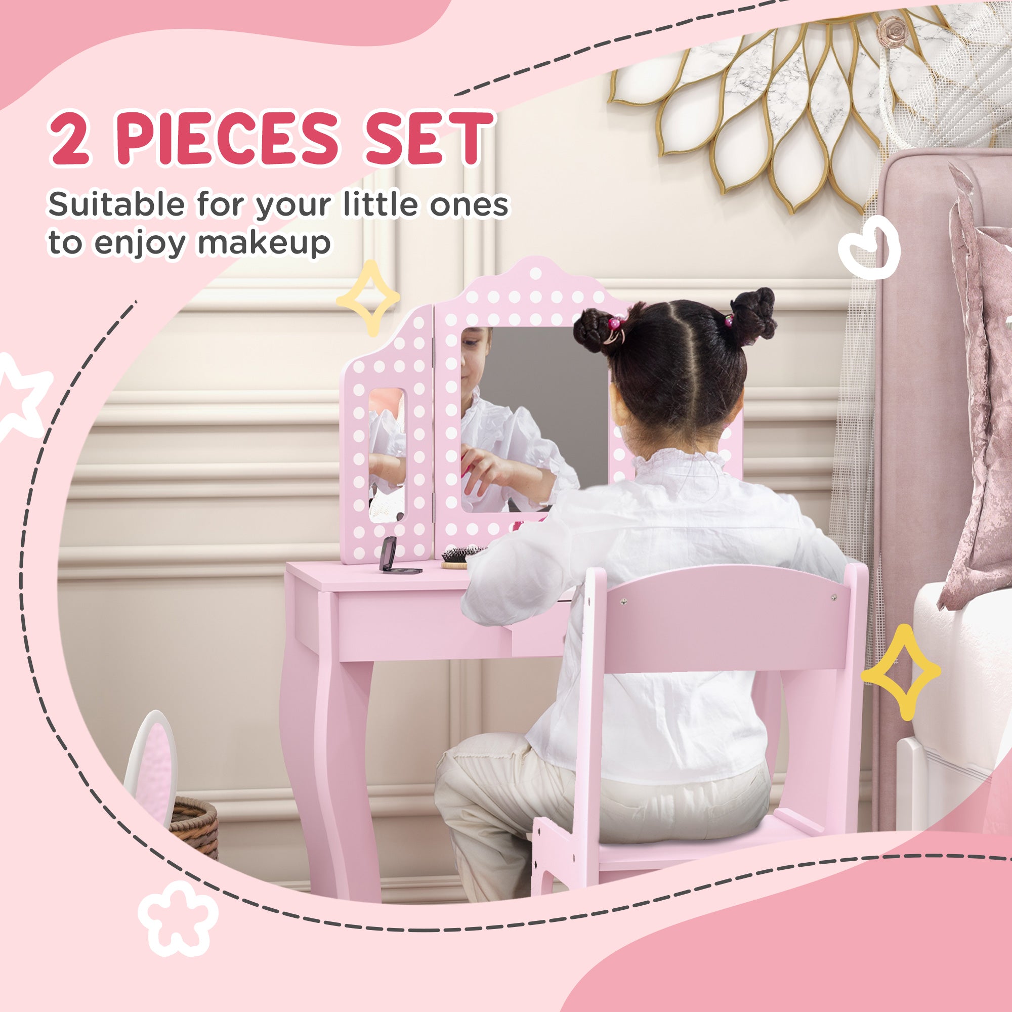 Kids Dressing Table Sets with Stool and Tri-Fold Mirror, Drawer for Playroom, Bedroom - Pink