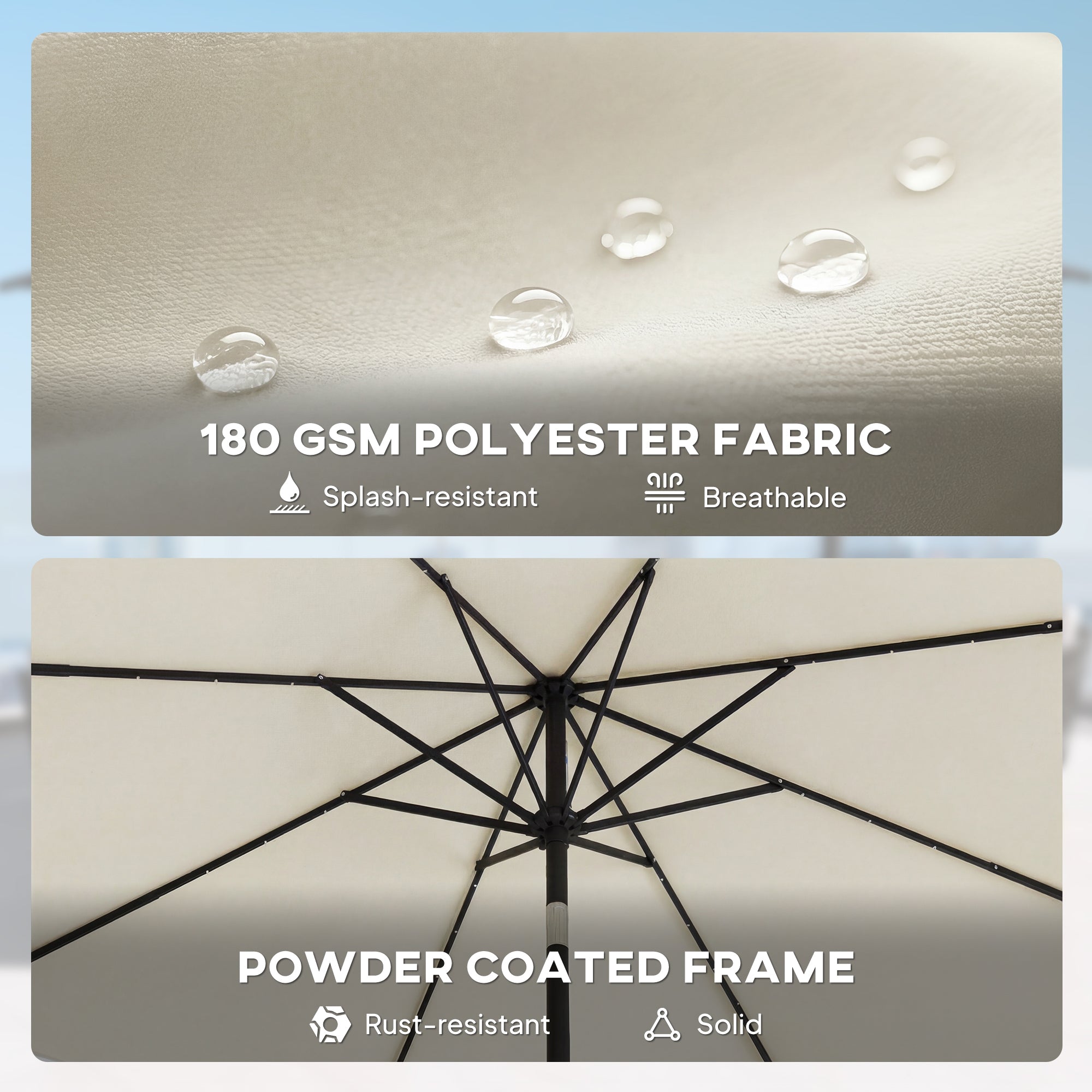2.6 m Garden Parasol Umbrella with LED Solar Light, Parasol Cover, Outdoor Market Patio Umbrella, Cream White