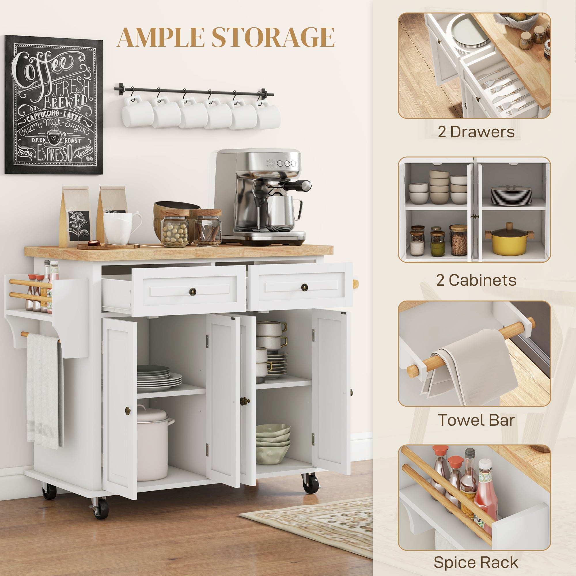 Rolling Kitchen Island Storage Trolley with Rubber Wood Top & Drawers for Dining Room, Cream White