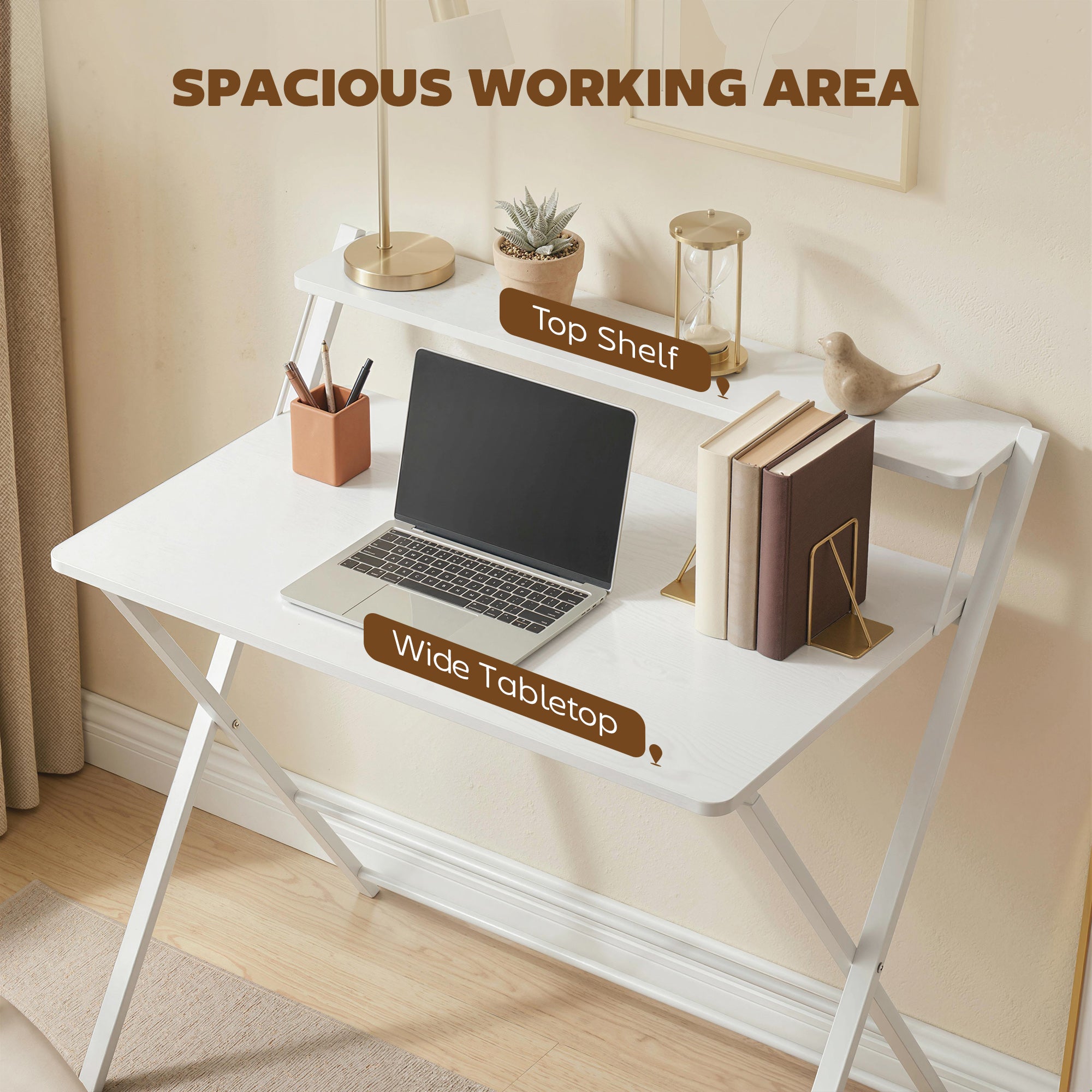 Compact Folding Desk for Small Spaces with Storage Shelf for Home Office, White
