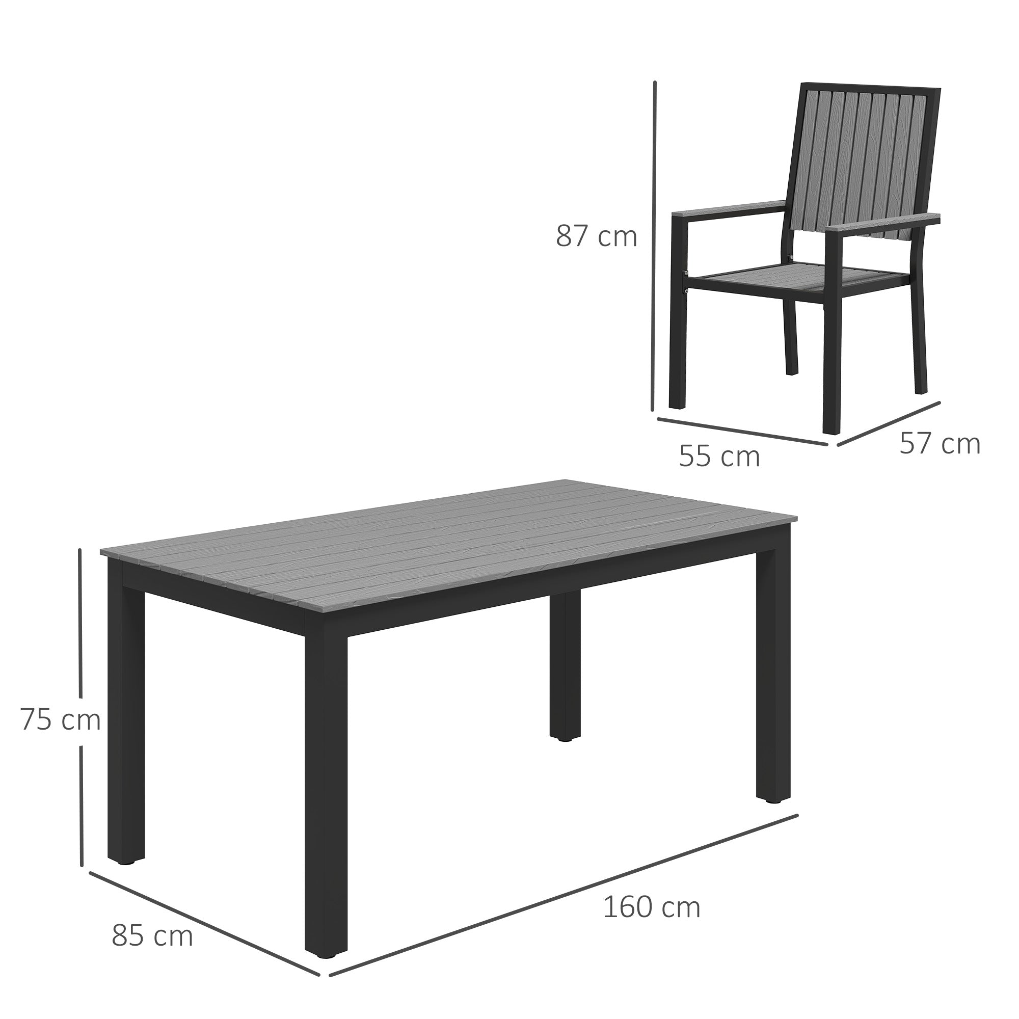 6 Seater Garden Dining Set with Stackable Chairs, Aluminium Frame, Rectangular Plastic Top, Garden Furniture Set, Outdoor Dining Table and Chairs for Patio, Balcony, Poolside, Grey