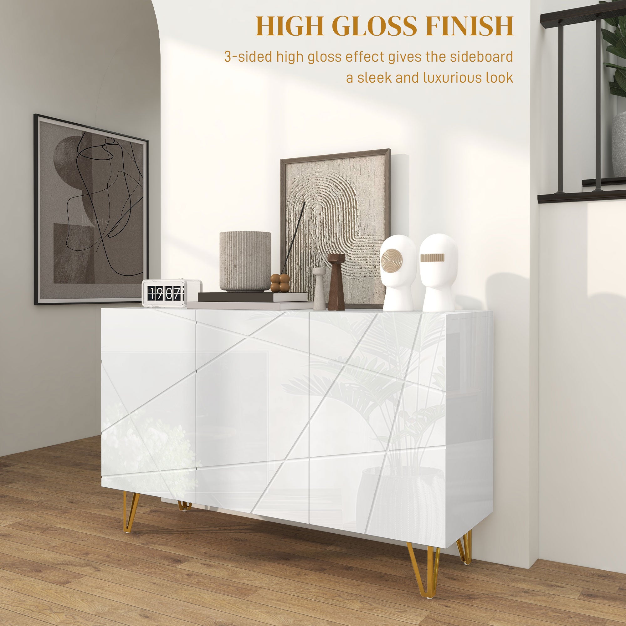 Modern Luxe High Gloss Sideboard, with Hairpin Legs - White