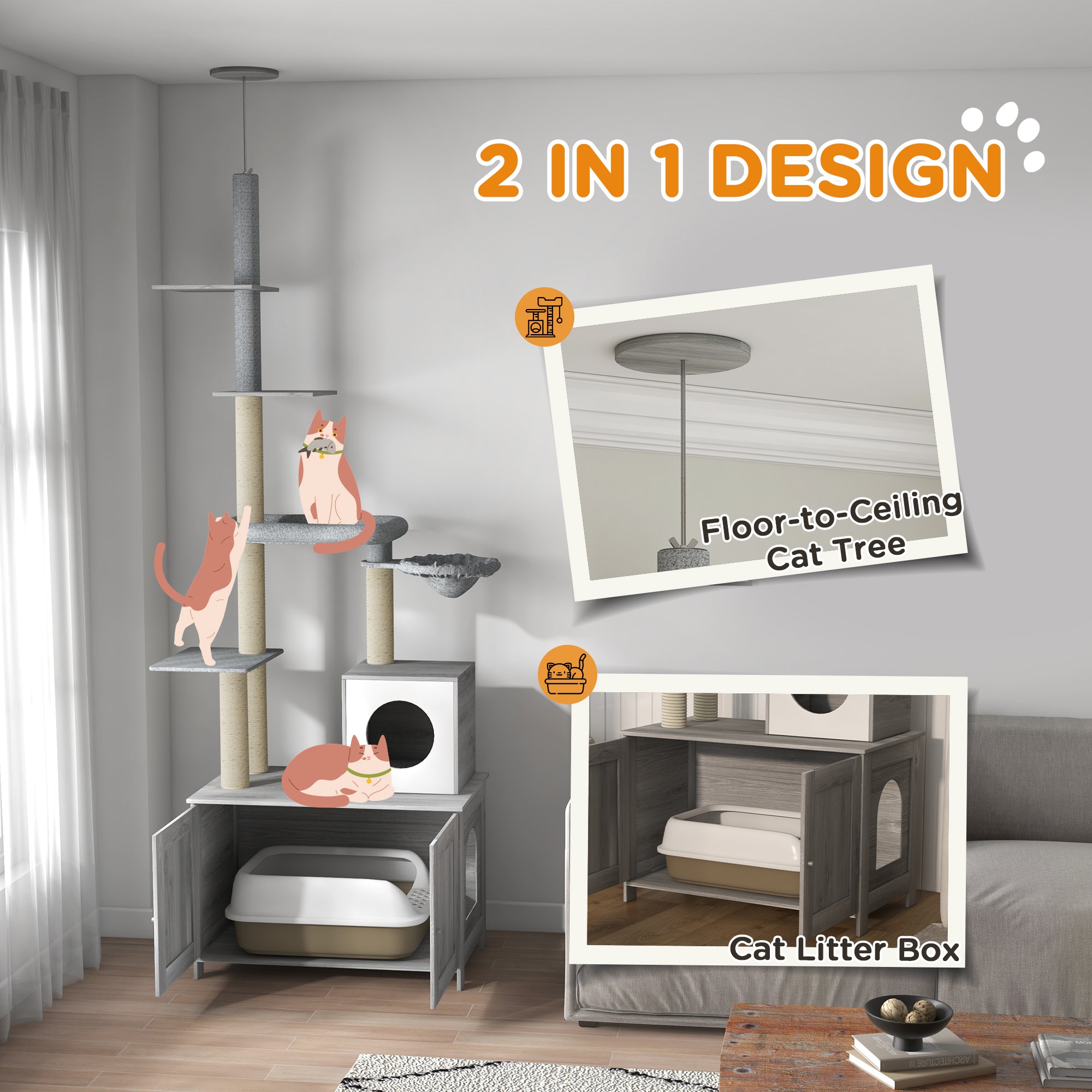 2-in-1 Floor-To-Ceiling Cat Tree with Hidden Litter Box, for Indoor Use - Grey