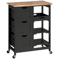 Rolling Kitchen Island Cart, Bar Serving Cart, Compact Trolley on Wheels with Wood Top, Shelves & Drawers for Home Dining Area, Black