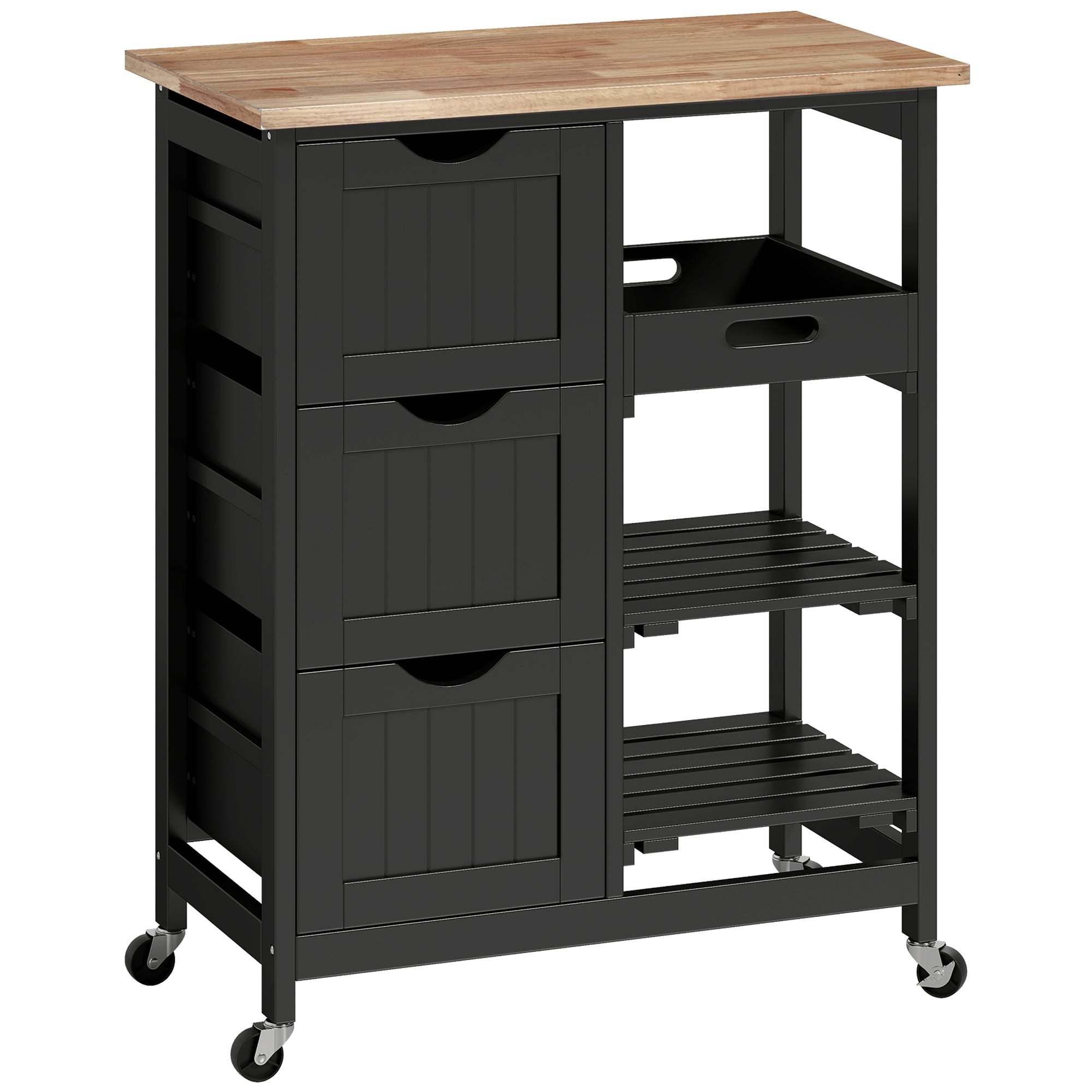 Rolling Kitchen Island Cart, Bar Serving Cart, Compact Trolley on Wheels with Wood Top, Shelves & Drawers for Home Dining Area, Black