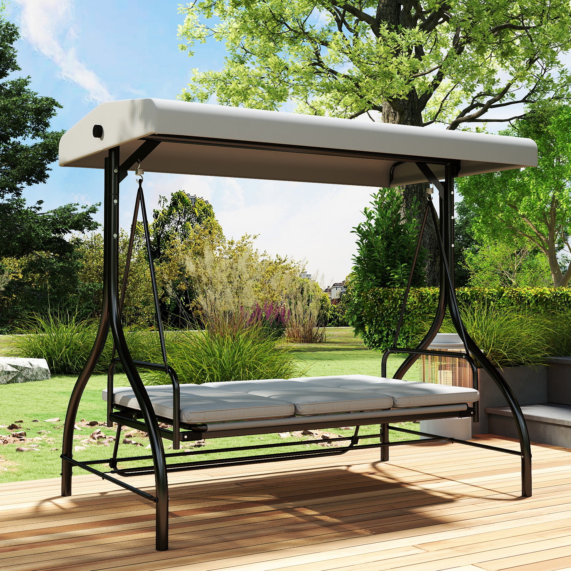 3 Seater Canopy Swing Chair, 2 in 1 Garden Swing Seat Bed, with Adjustable Canopy and Metal Frame, Light Grey