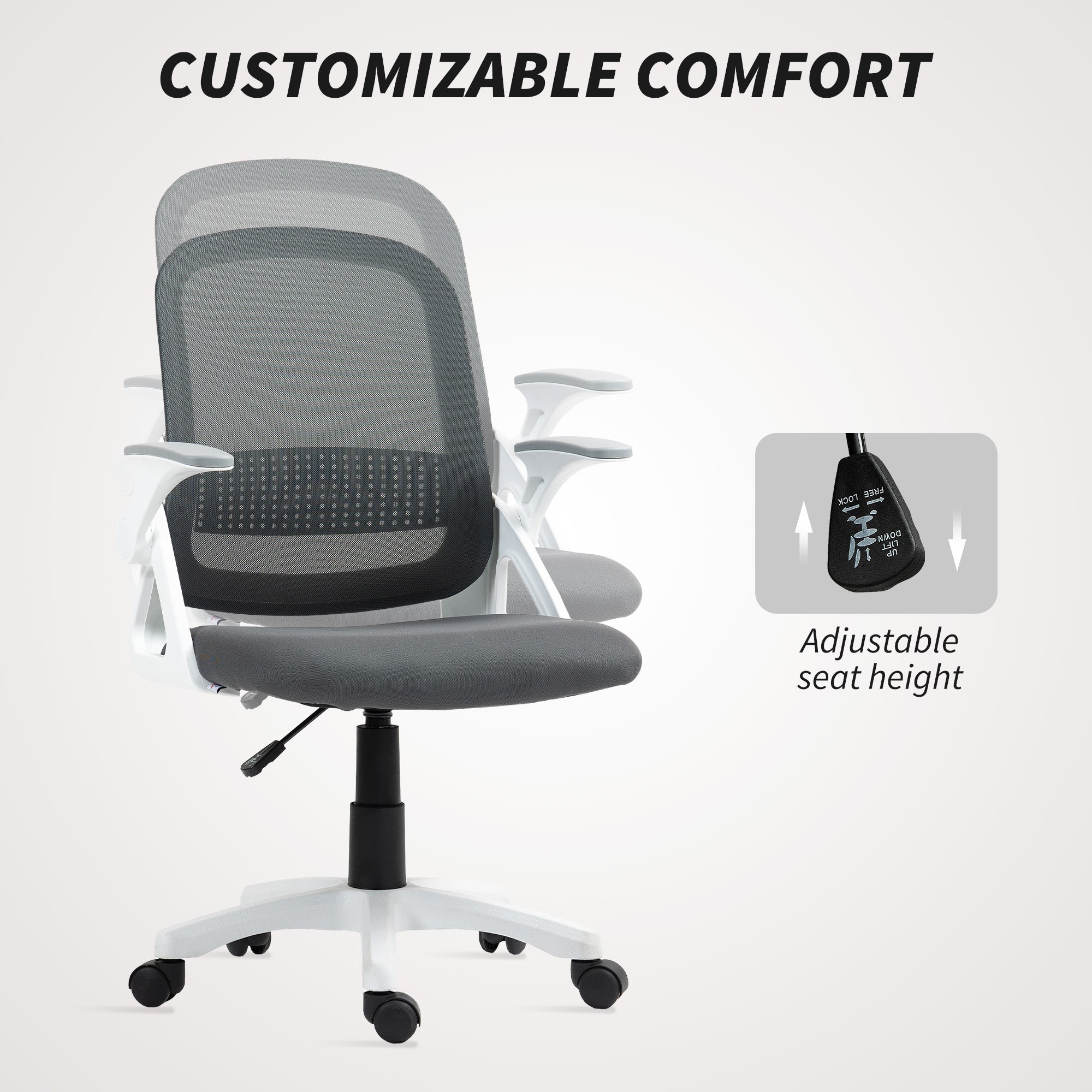 Breathable Mesh Office Chair, Ergonomic Swivel Computer Chair with Flip-up Armrests, Lumbar Back Support for Home/Office, Grey
